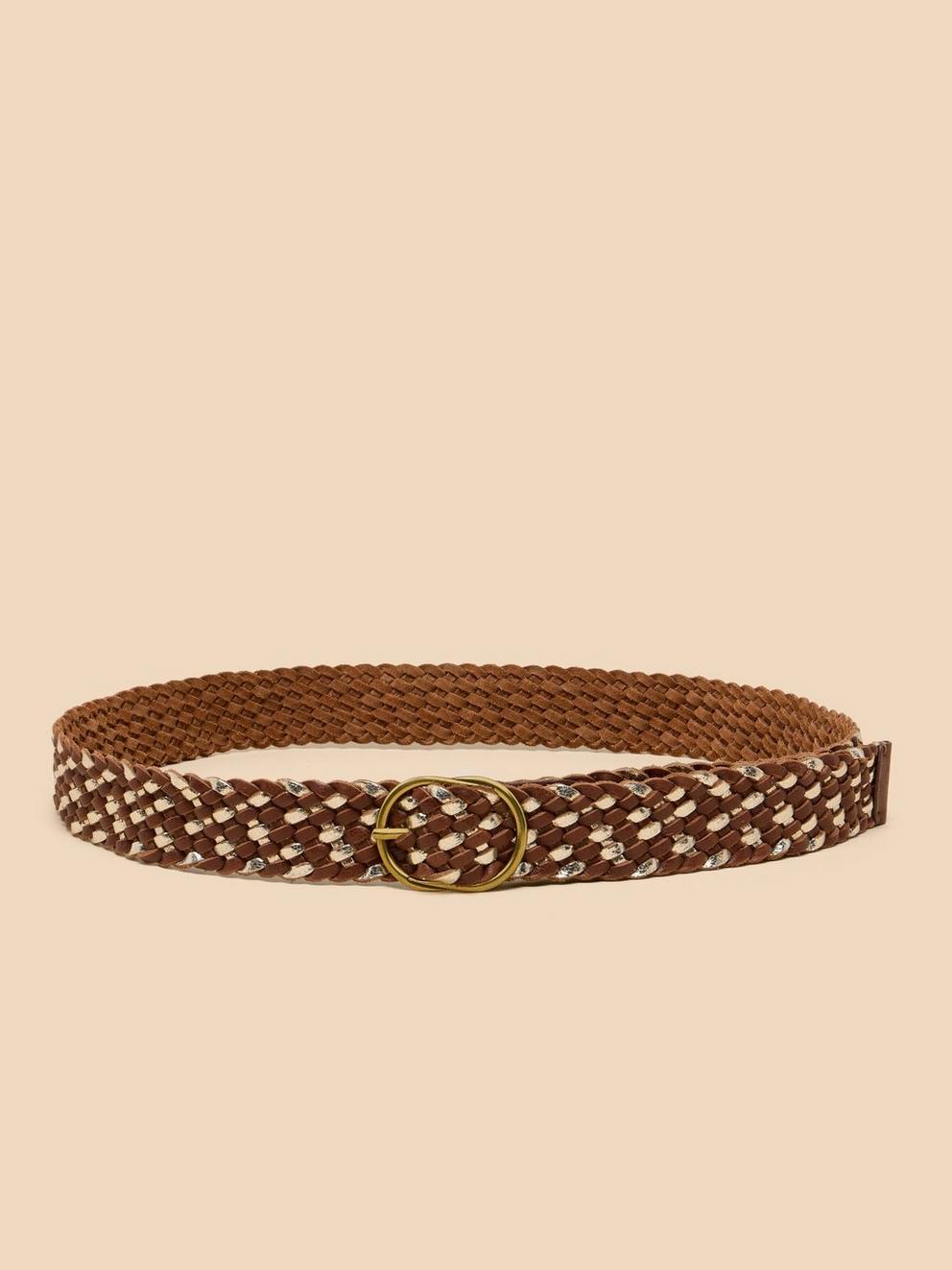 Leather Weave Belt in TAN MULTI - MODEL BACK