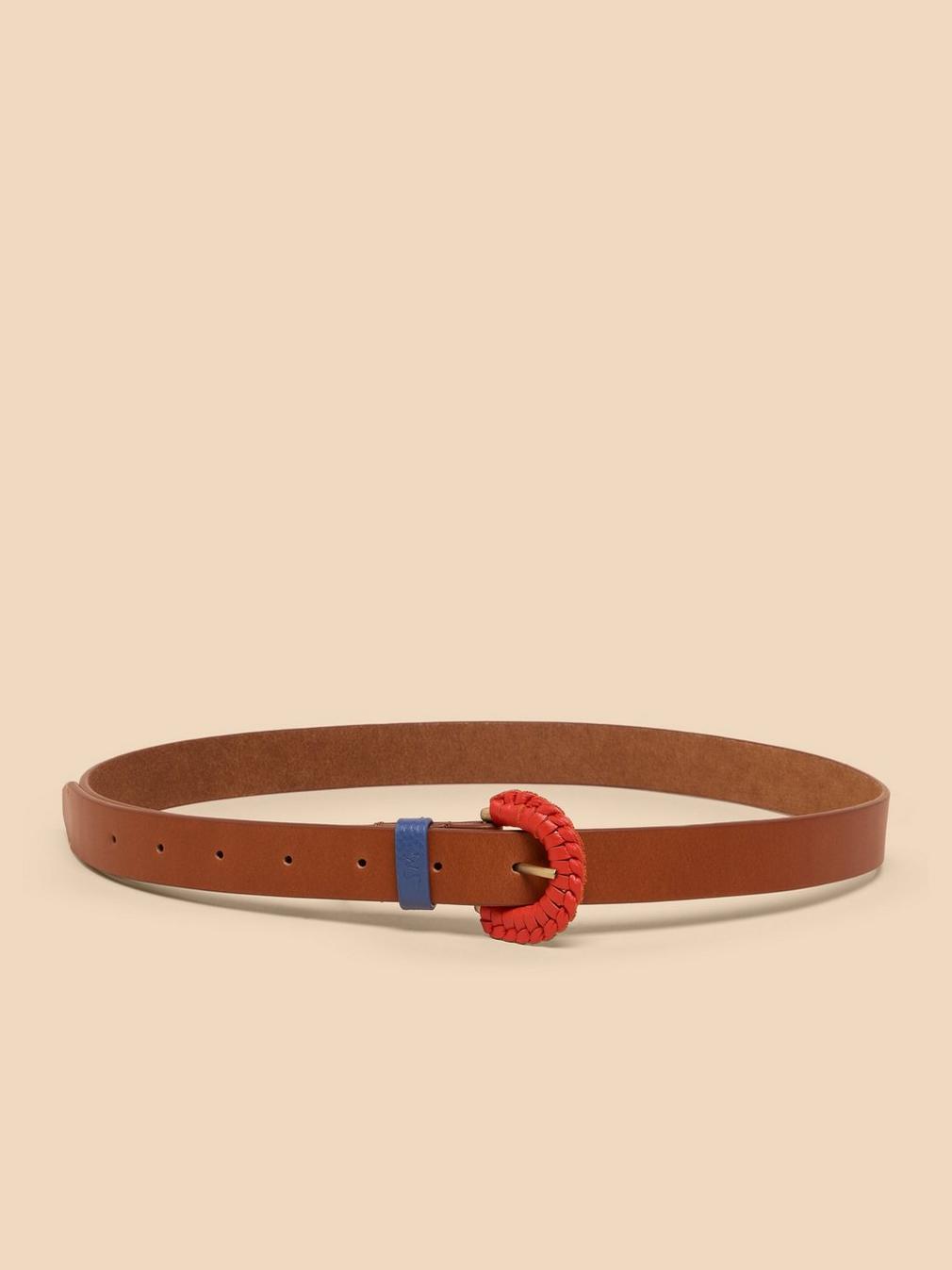 Woven Leather Buckle Belt in MID TAN - FLAT BACK