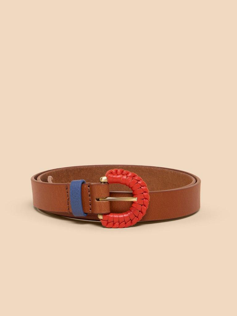 Woven Leather Buckle Belt in MID TAN - FLAT FRONT