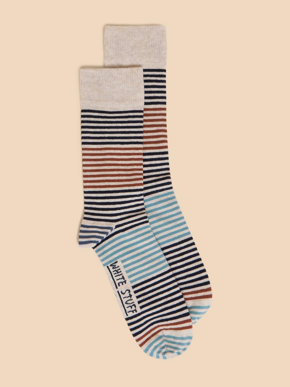 Fine Stripe Ankle Sock in NAT MLT - MODEL FRONT