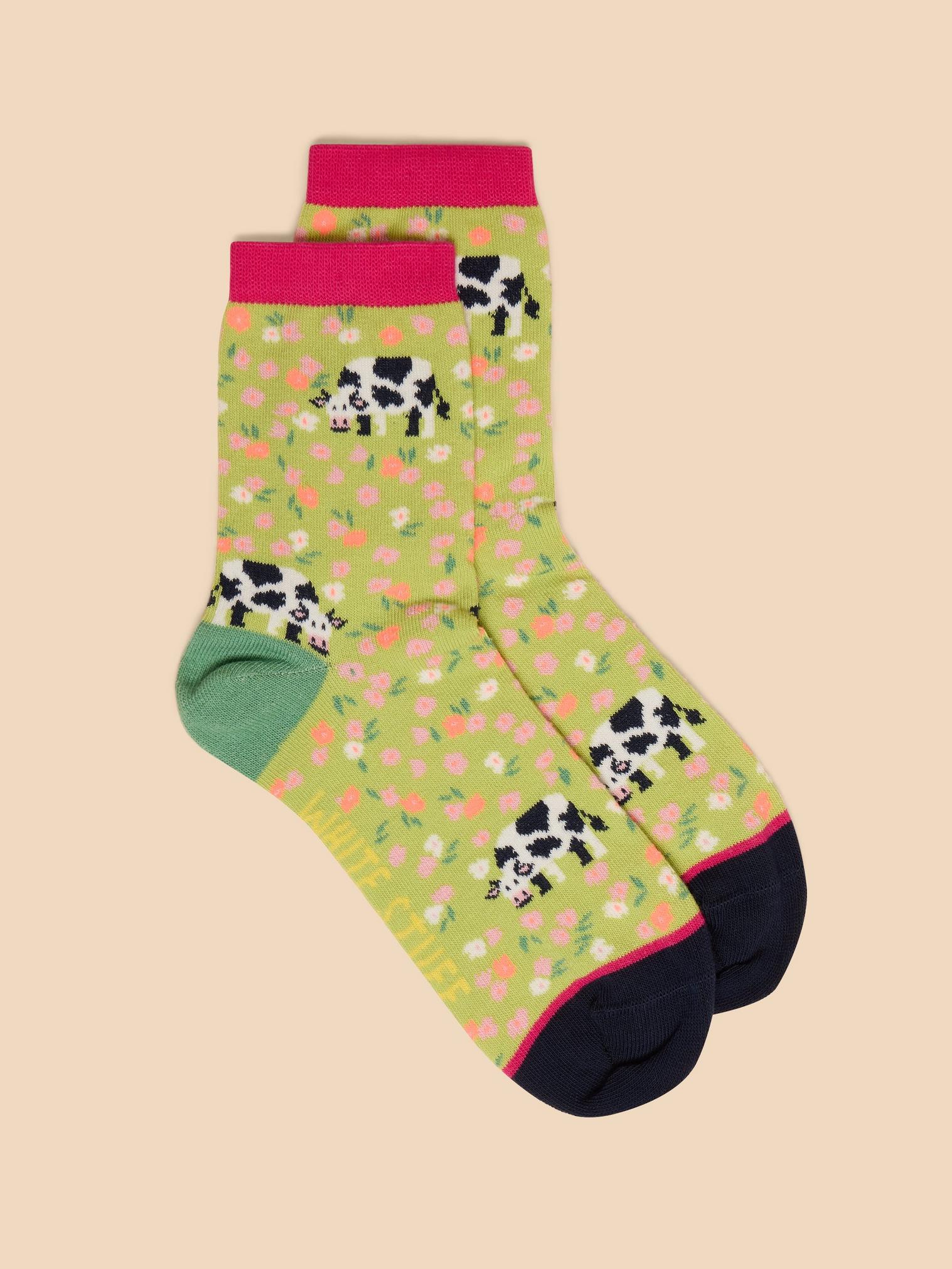 Cow Floral Ankle Sock in GREEN MLT - FLAT FRONT