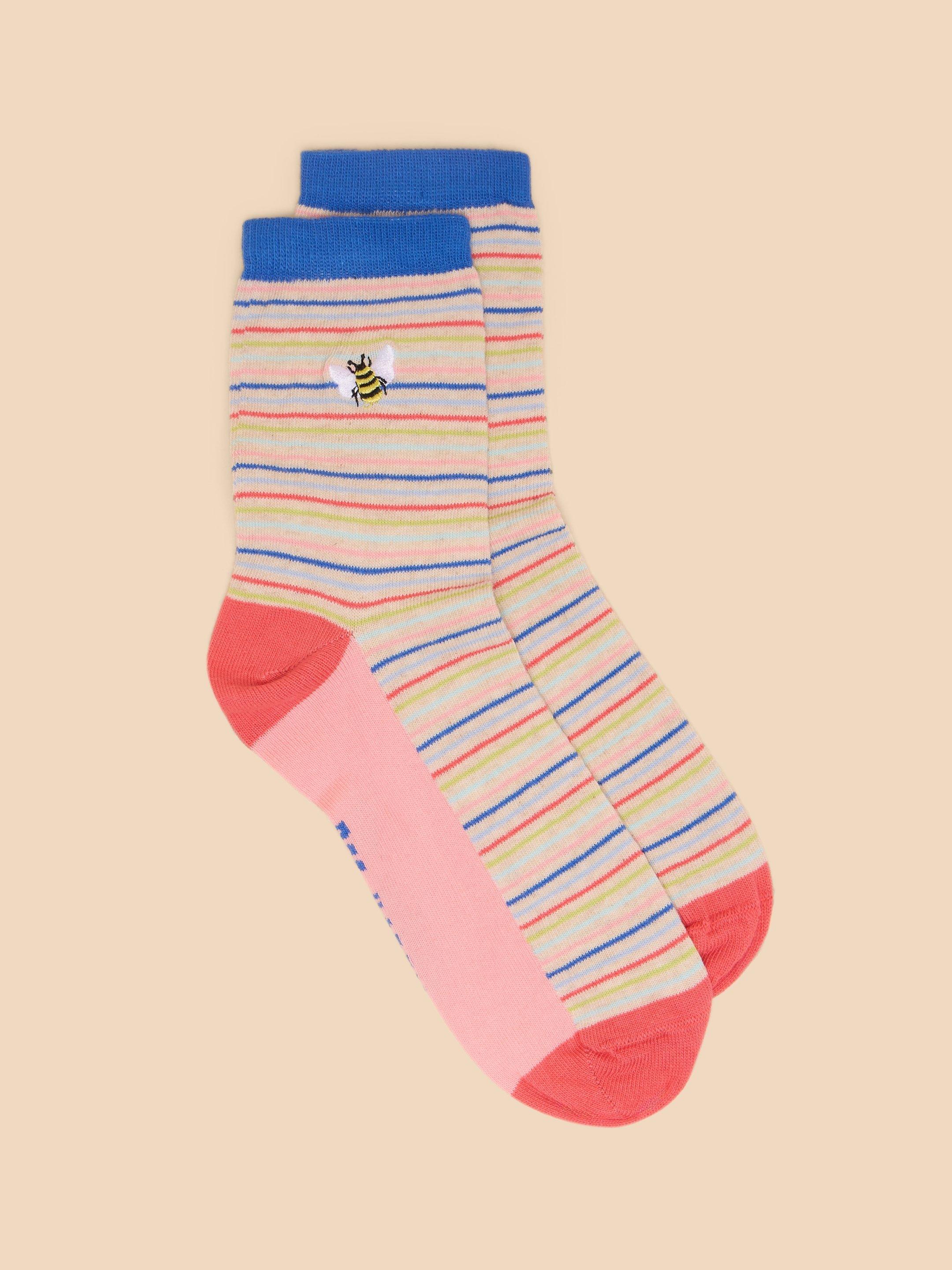 Bee Embroidered Ankle Sock in NAT MLT - FLAT FRONT