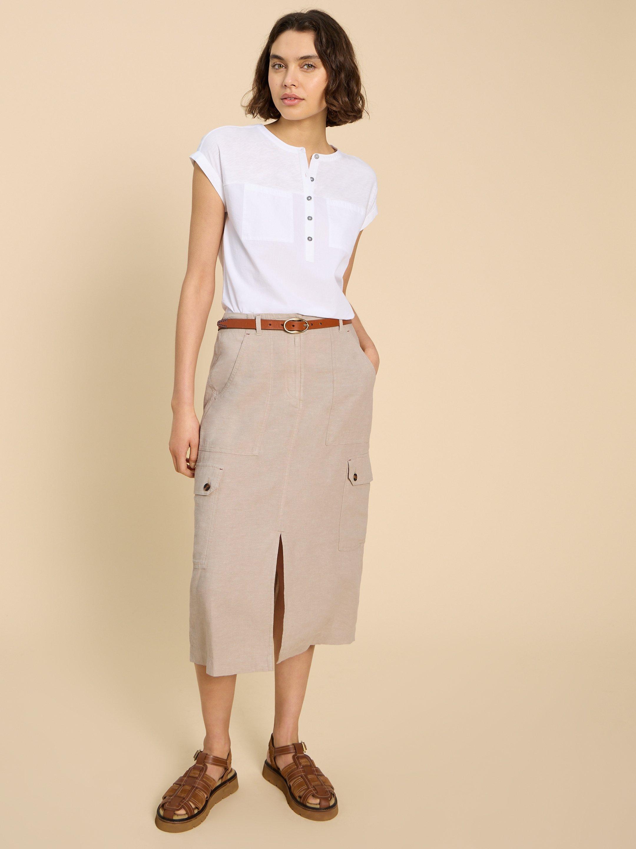 Arabella Linen Blend Skirt in LGT NAT - MODEL FRONT