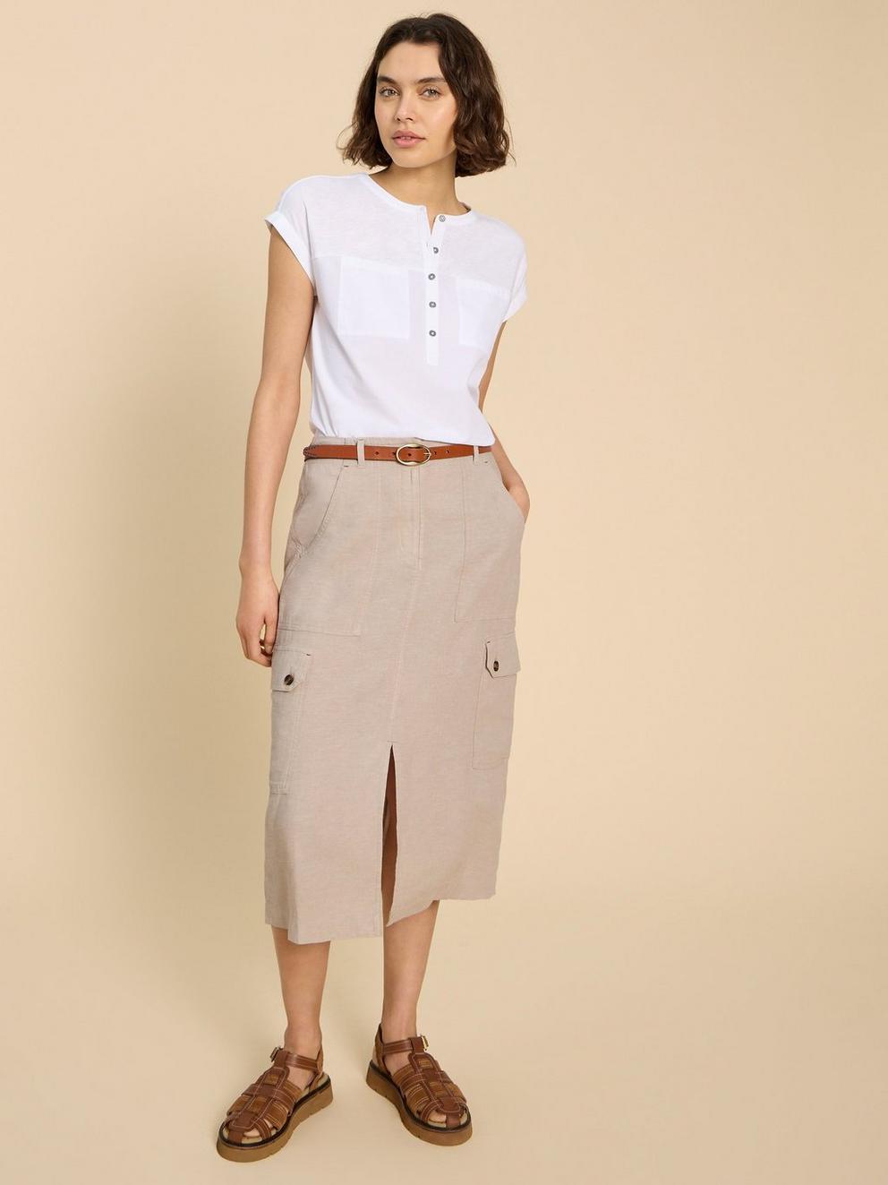 Arabella Linen Blend Skirt in LGT NAT - MODEL FRONT