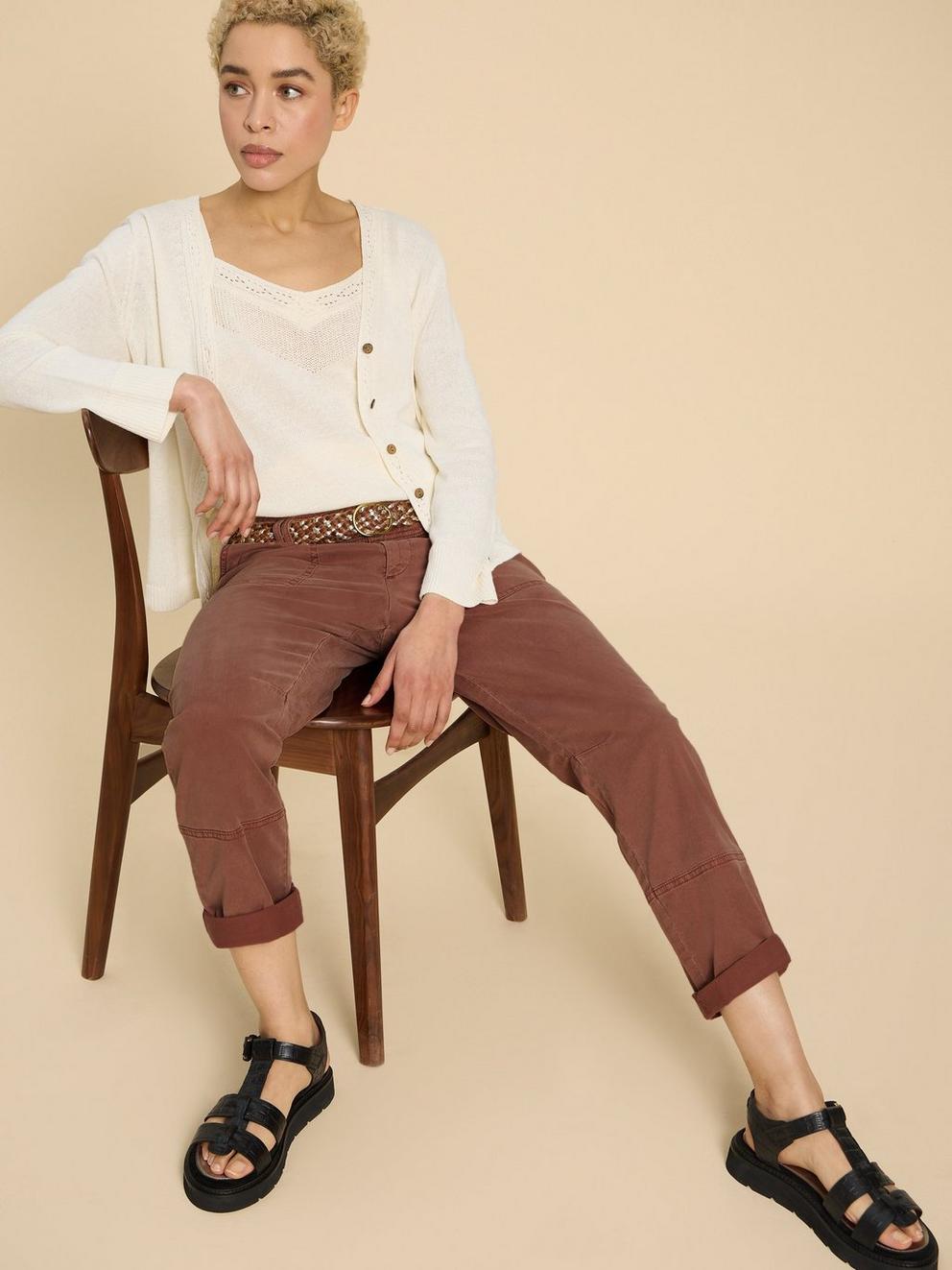 Blaire Cotton Blend Trouser in DARK TAN - LIFESTYLE