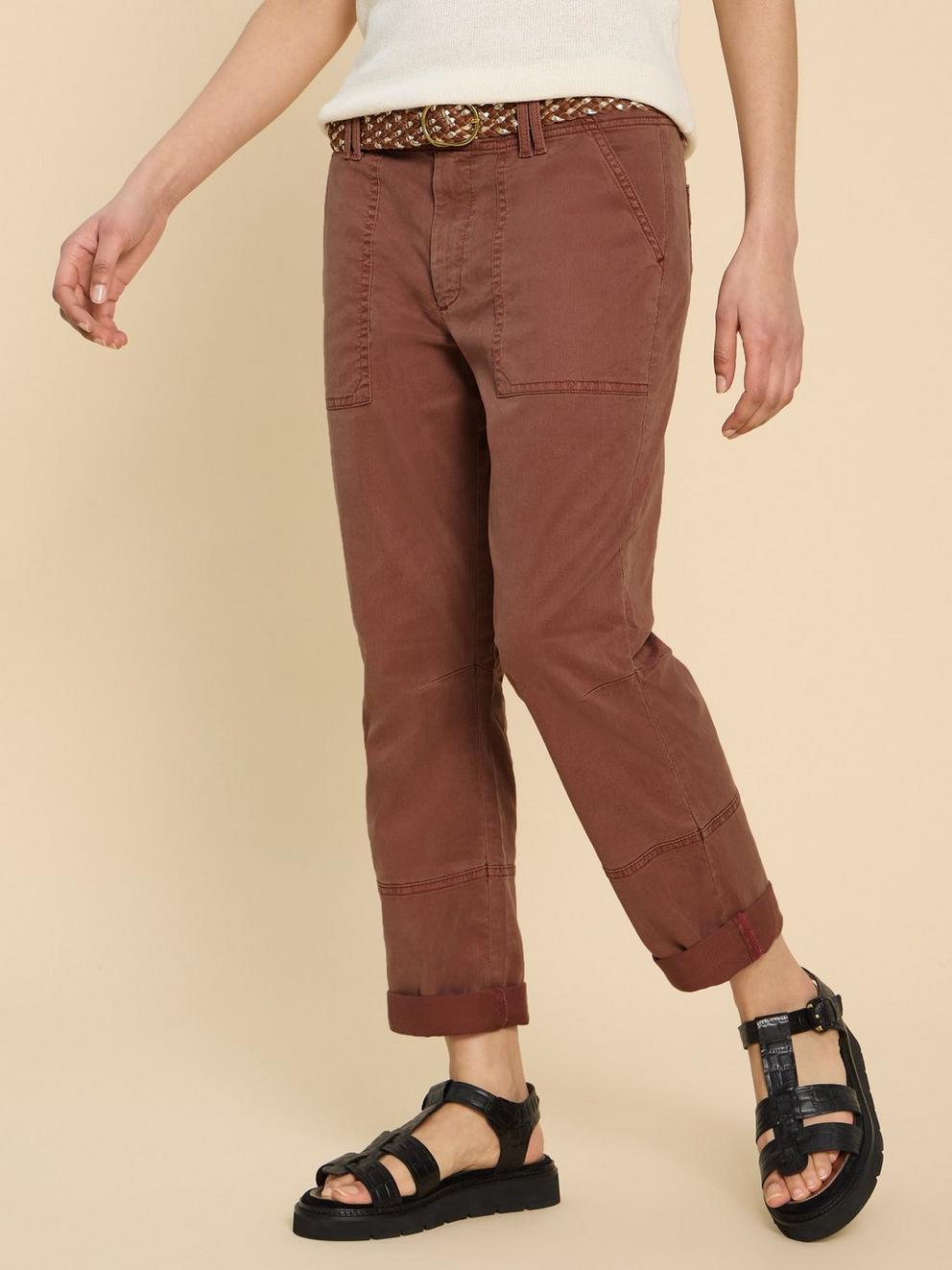 Blaire Cotton Blend Trouser in DARK TAN - MODEL DETAIL