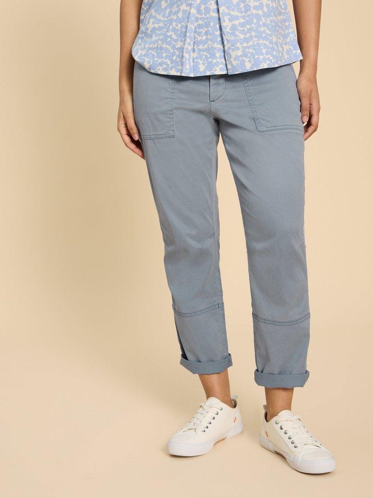 Blaire Cotton Blend Trouser in MID BLUE - MODEL DETAIL