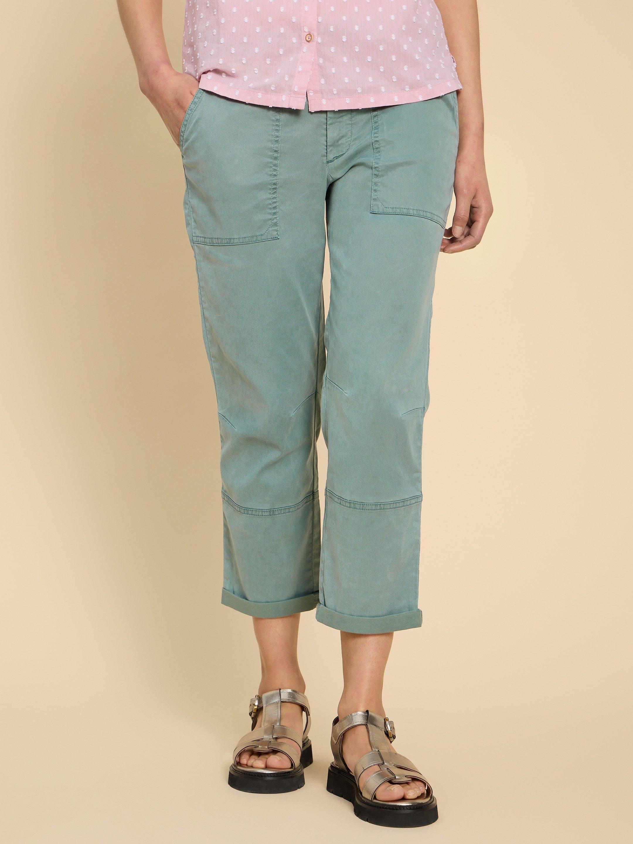 Blaire Cotton Blend Trouser in MID TEAL - MODEL DETAIL