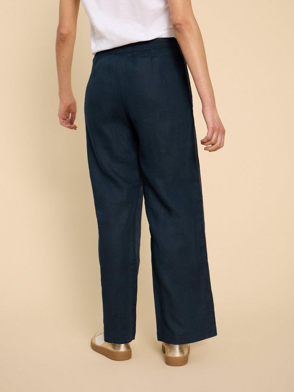 Belle Linen Blend Wide Trouser in DARK NAVY - MODEL BACK