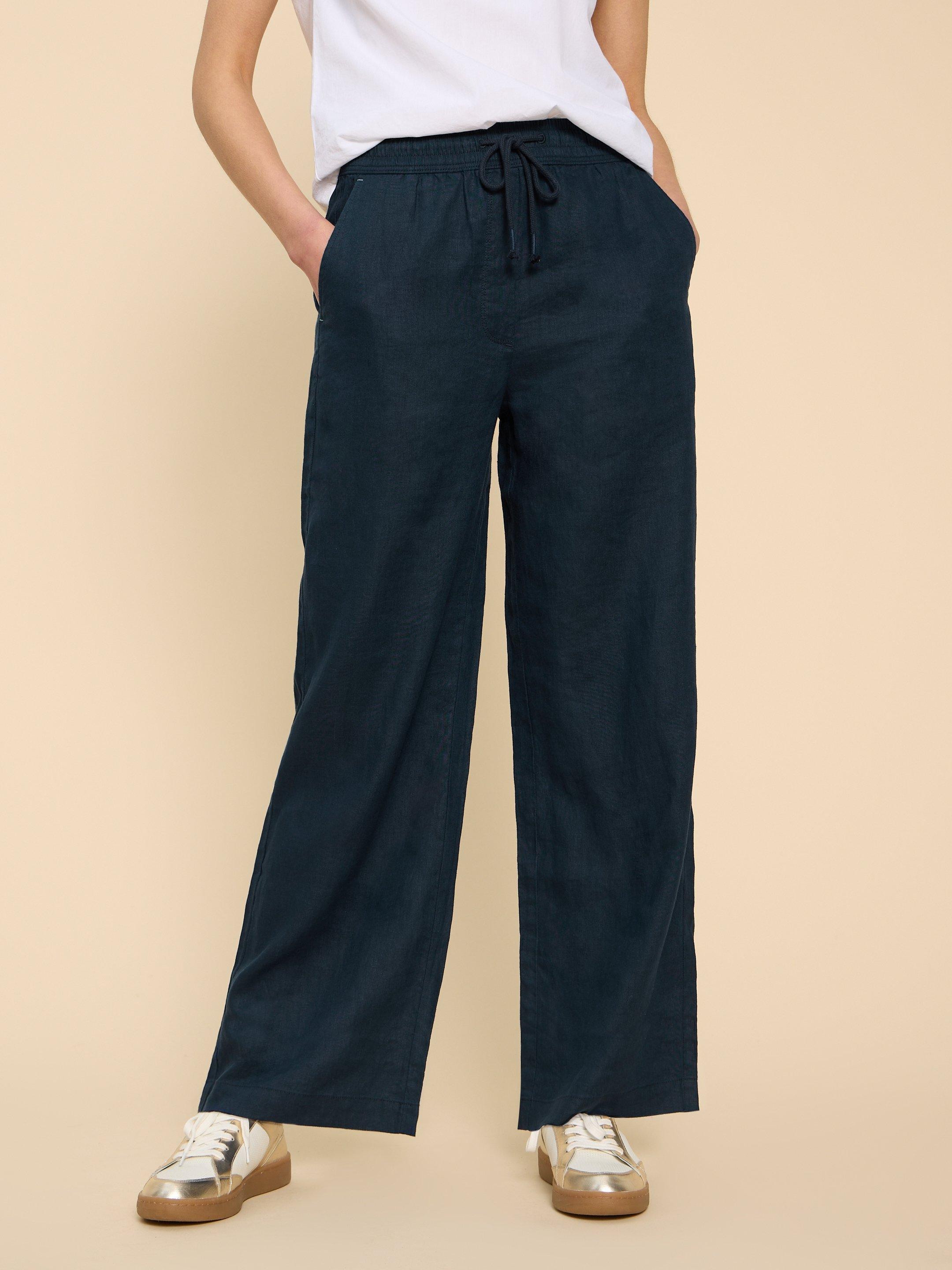 Belle Linen Blend Wide Trouser in DARK NAVY - MODEL DETAIL