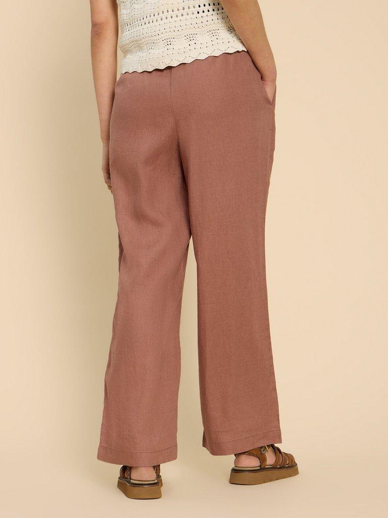 Belle Linen Blend Wide Trouser in DARK TAN - MODEL BACK