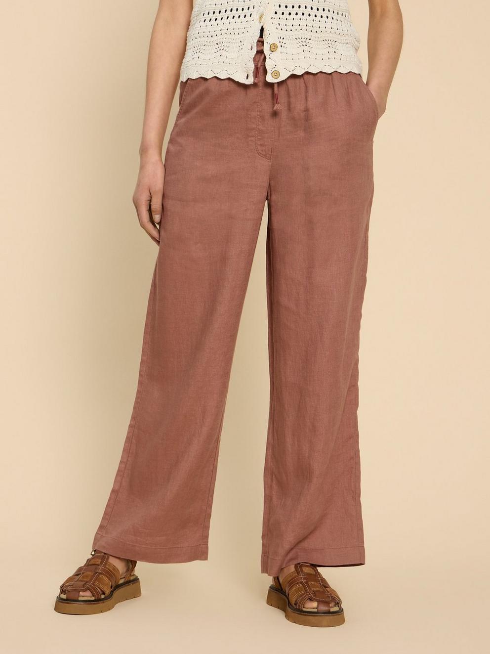 Belle Linen Blend Wide Trouser in DARK TAN - MODEL DETAIL