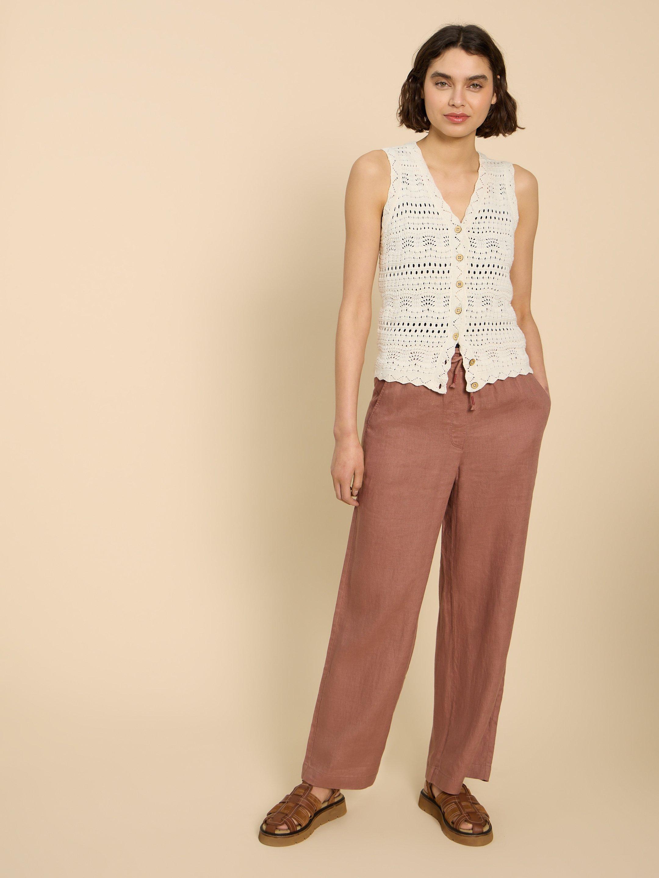 Belle Linen Blend Wide Trouser in DARK TAN - MODEL FRONT