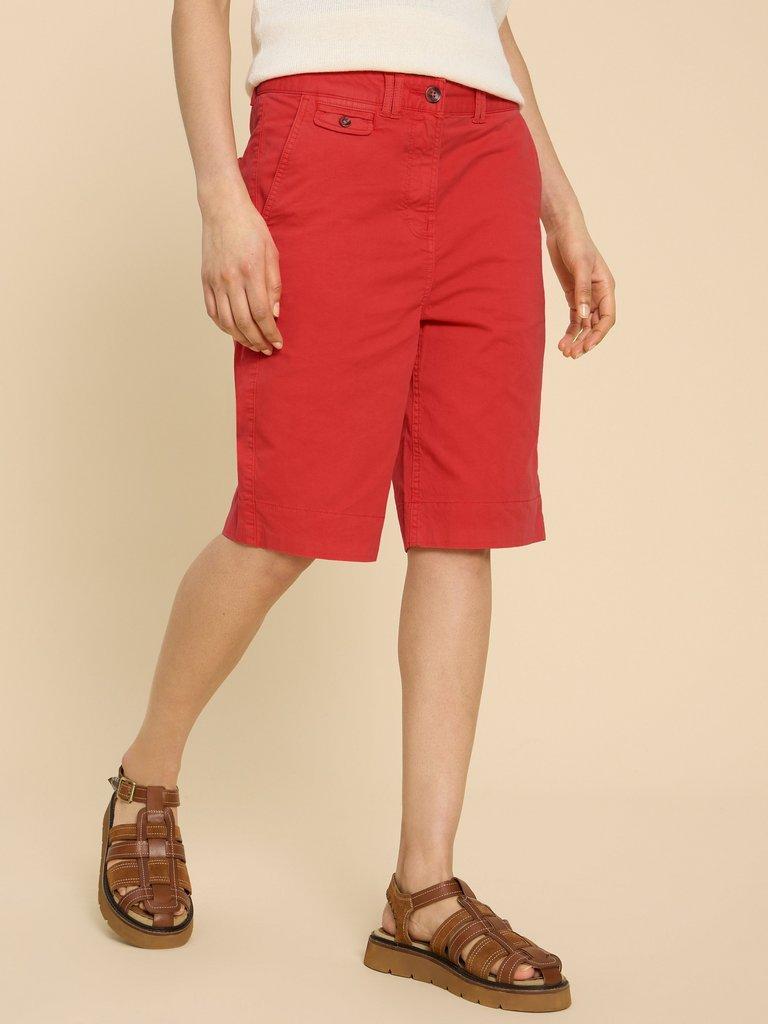 Hayley Organic Cotton Shorts in BRT RED - MODEL DETAIL