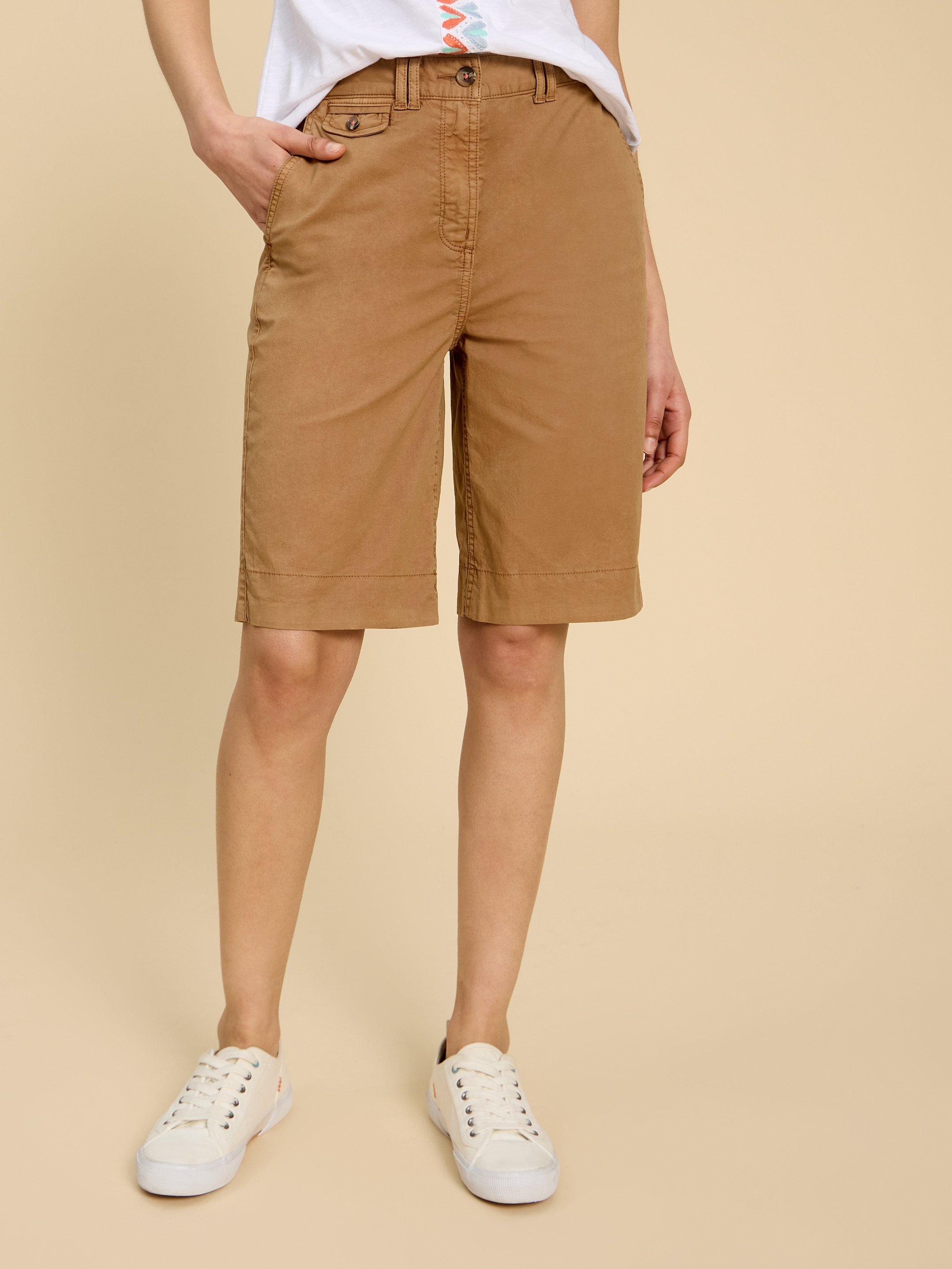 Hayley Organic Cotton Shorts in MID TAN - MODEL DETAIL