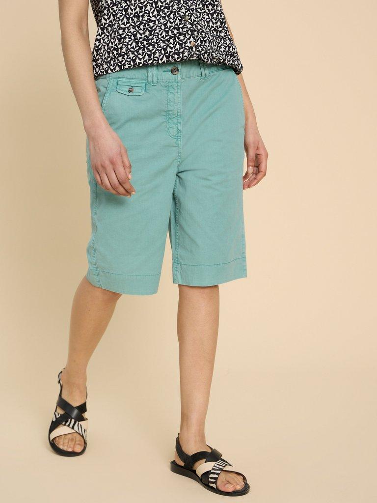 Hayley Organic Cotton Shorts in MID TEAL - MODEL DETAIL