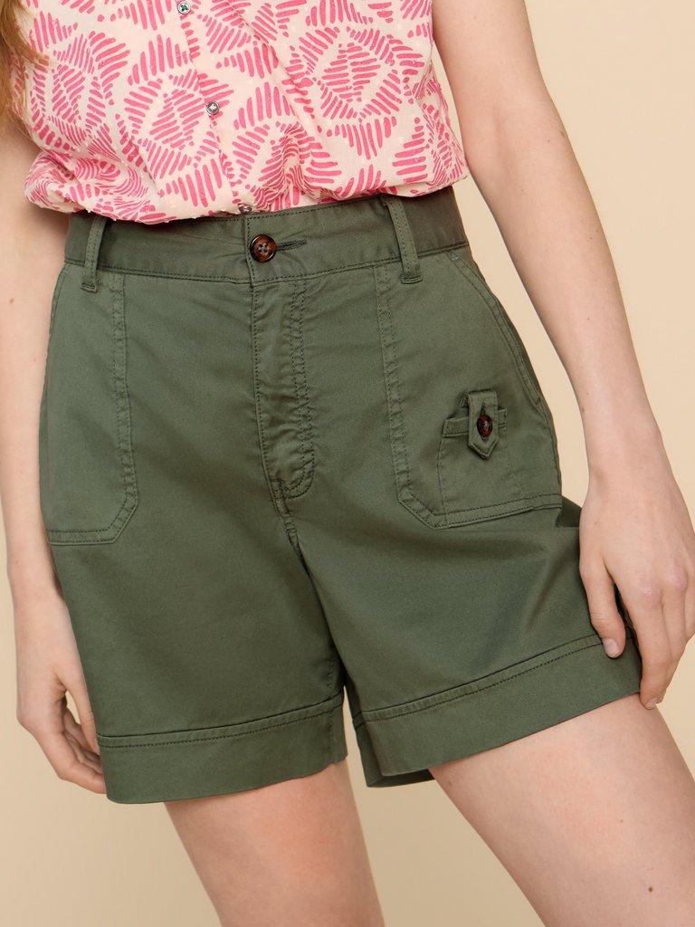 Mollie Woven Combat Shorts in MID GREEN - MODEL DETAIL