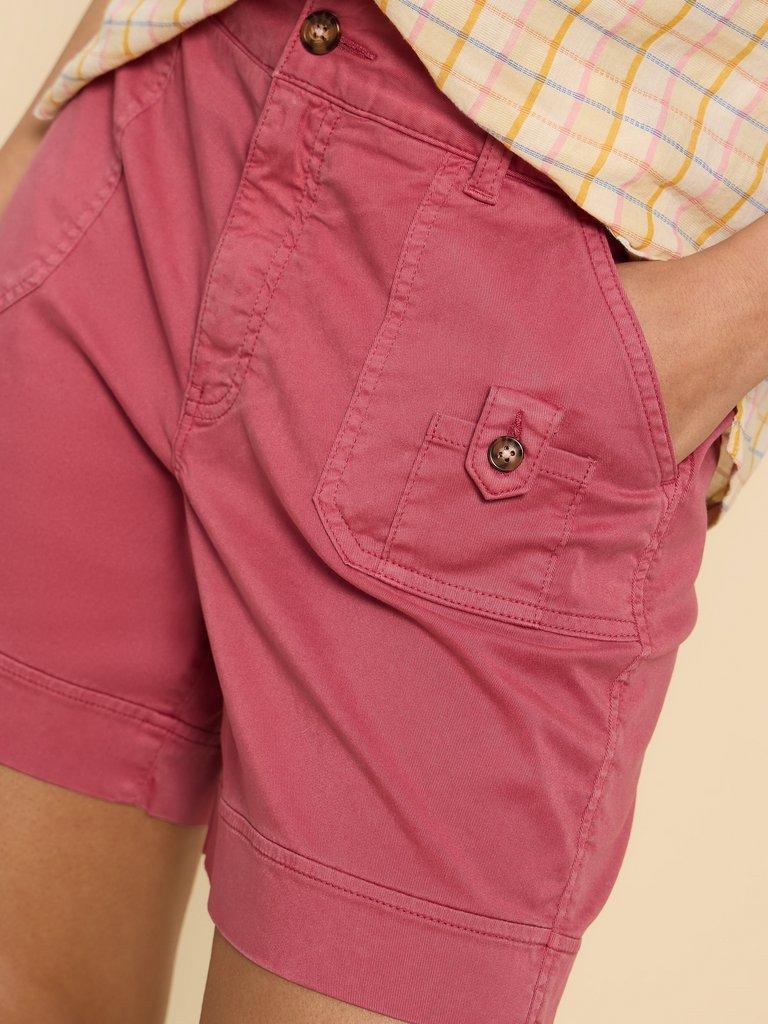 Mollie Woven Combat Shorts in MID RED - MODEL DETAIL