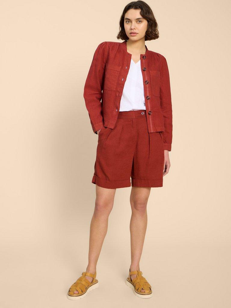 Delilah Linen Jacket in DK RED - MODEL FRONT