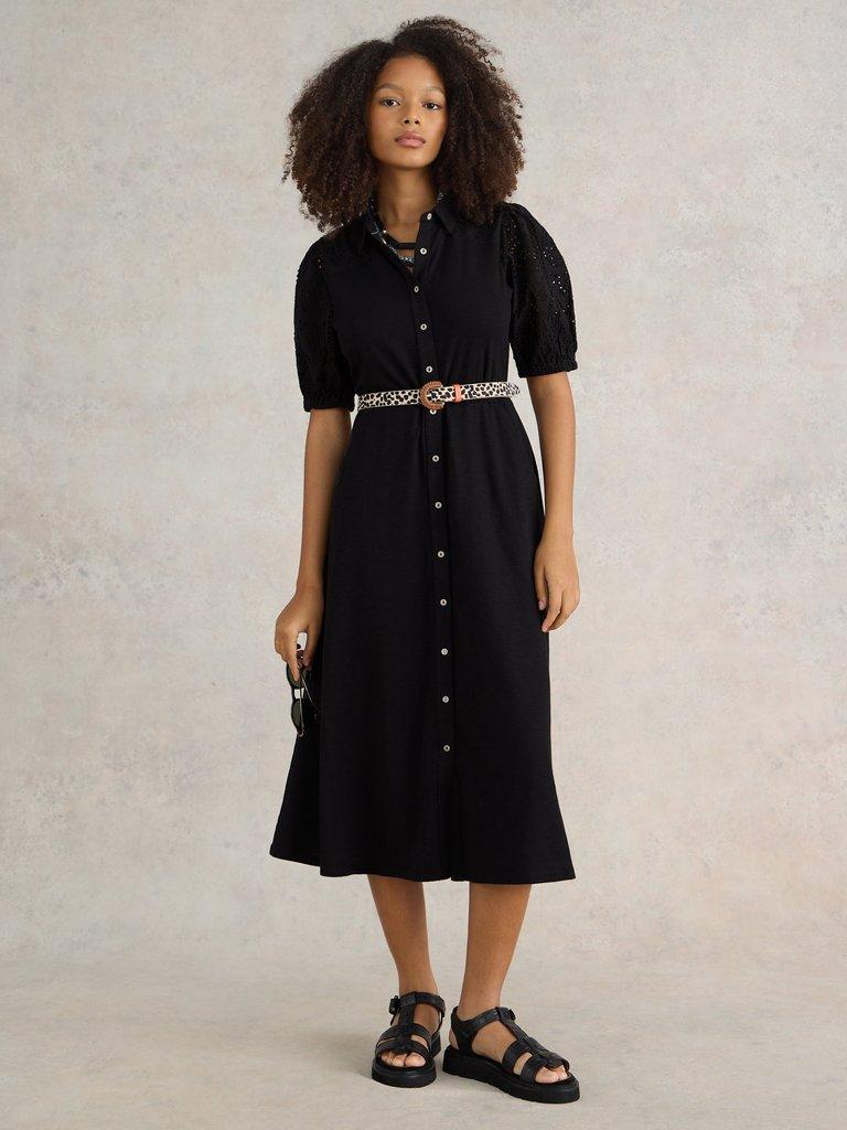 Rua Broderie Shirt Dress in PURE BLK - MODEL DETAIL