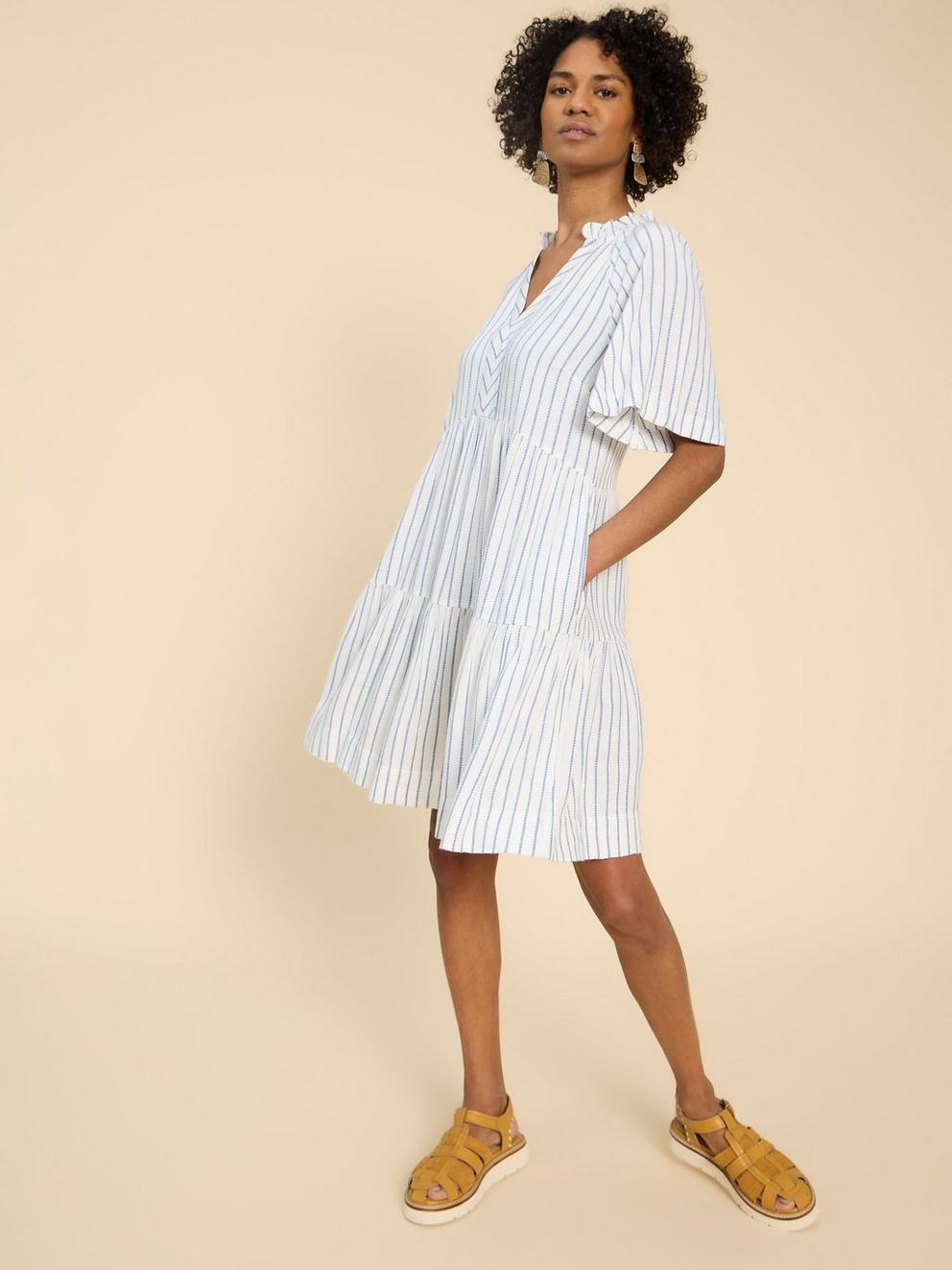 Sophia Eco Vero Stripe Dress in IVORY MLT - MODEL DETAIL