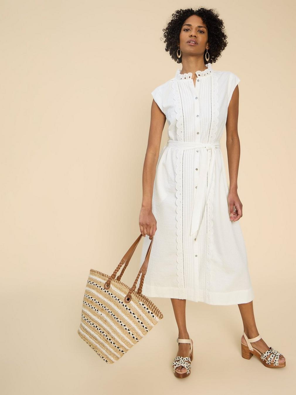 Daisy Broderie Shirt Dress in BRIL WHITE - MODEL DETAIL