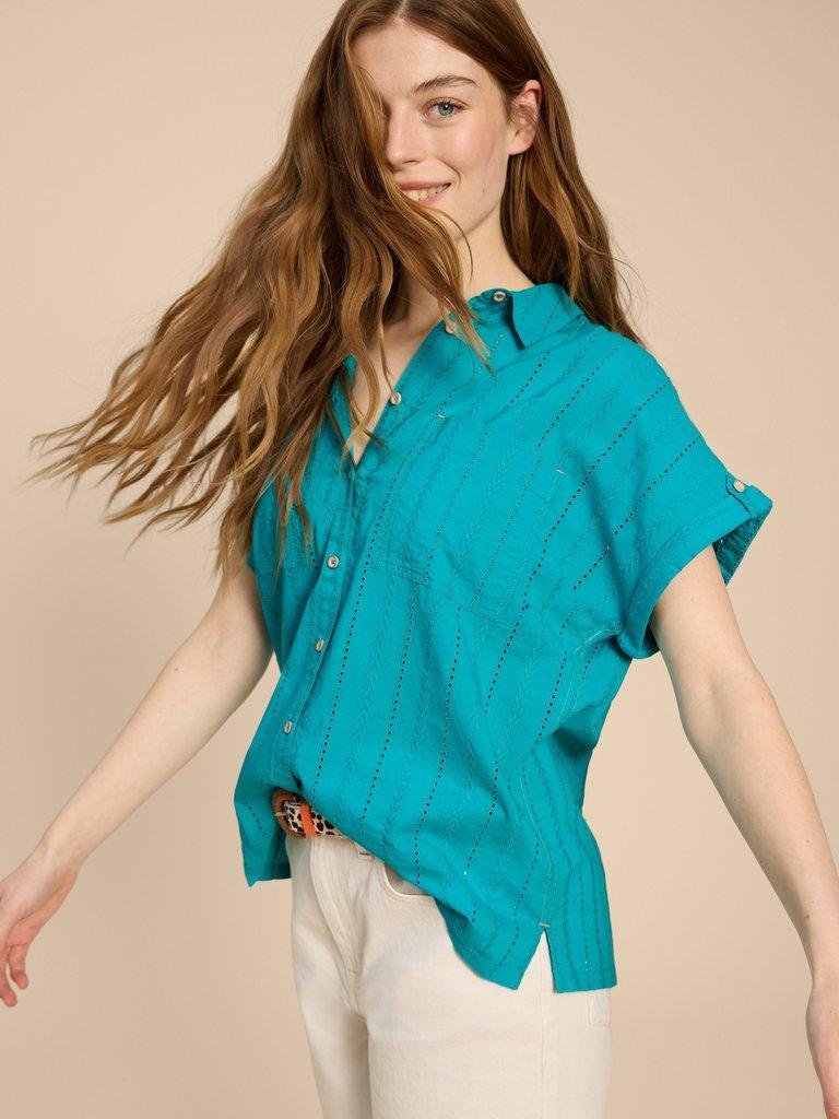 Ellie Cotton Broderie Shirt in BRT TEAL - LIFESTYLE