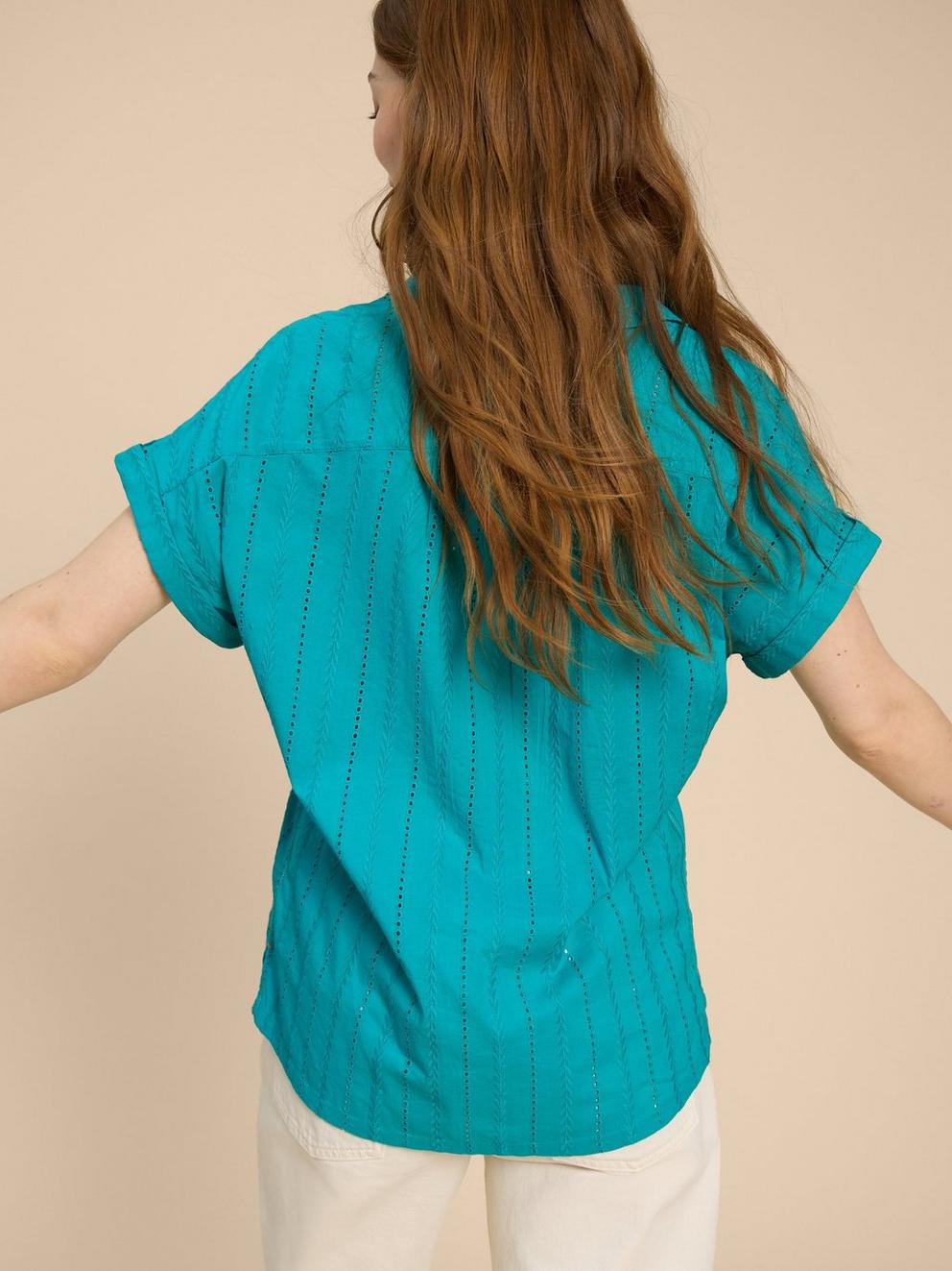 Ellie Cotton Broderie Shirt in BRT TEAL - MODEL BACK