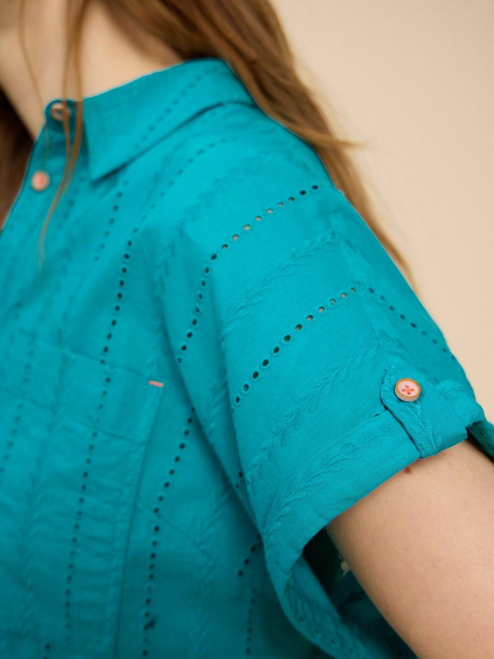 Ellie Cotton Broderie Shirt in BRT TEAL - MODEL DETAIL