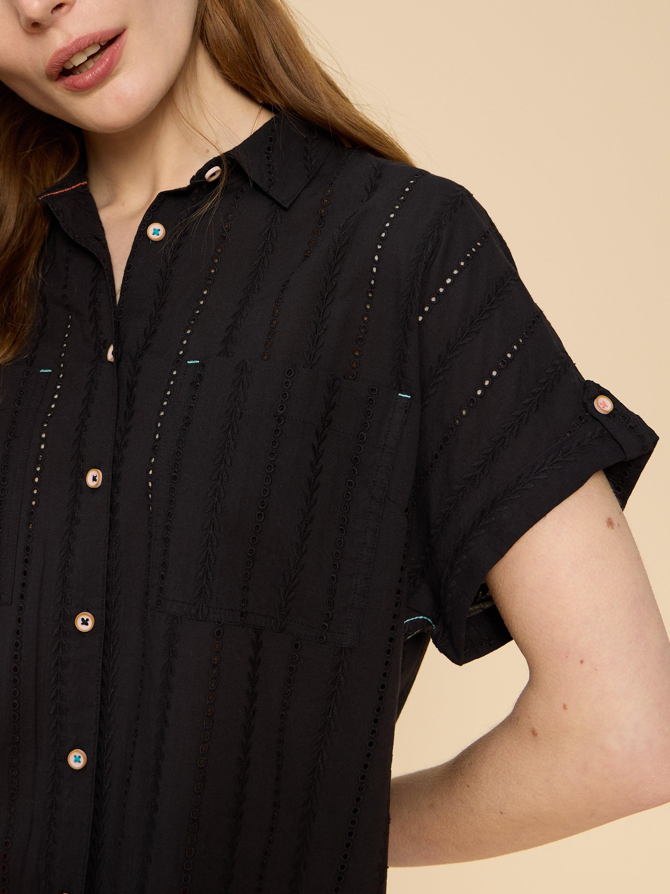 Ellie Cotton Broderie Shirt in PURE BLK - MODEL DETAIL