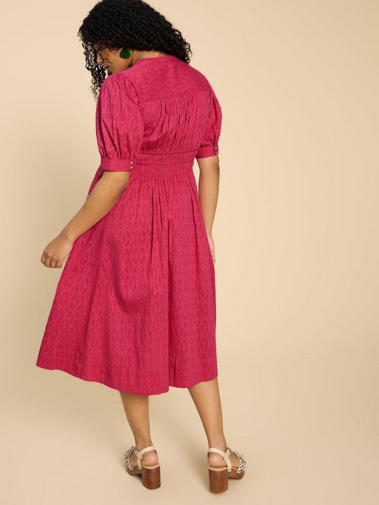 Celeste Short Sleeve Midi Dress in BRT PINK - MODEL BACK