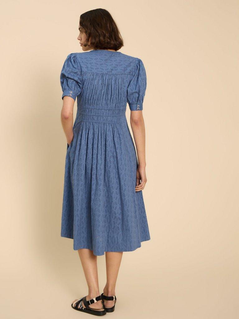 Celeste Short Sleeve Midi Dress in MID BLUE - MODEL BACK