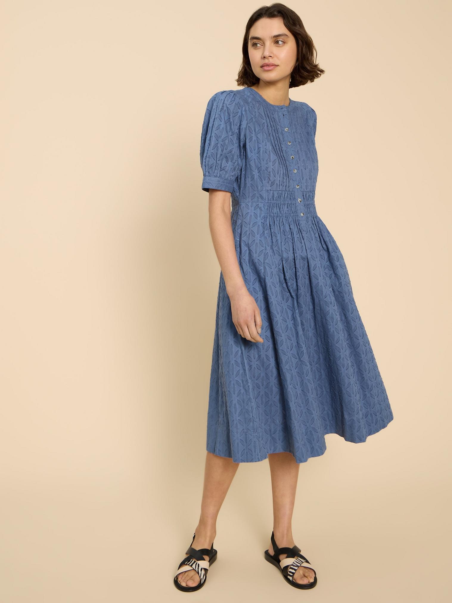 Celeste Short Sleeve Midi Dress in MID BLUE - MODEL DETAIL