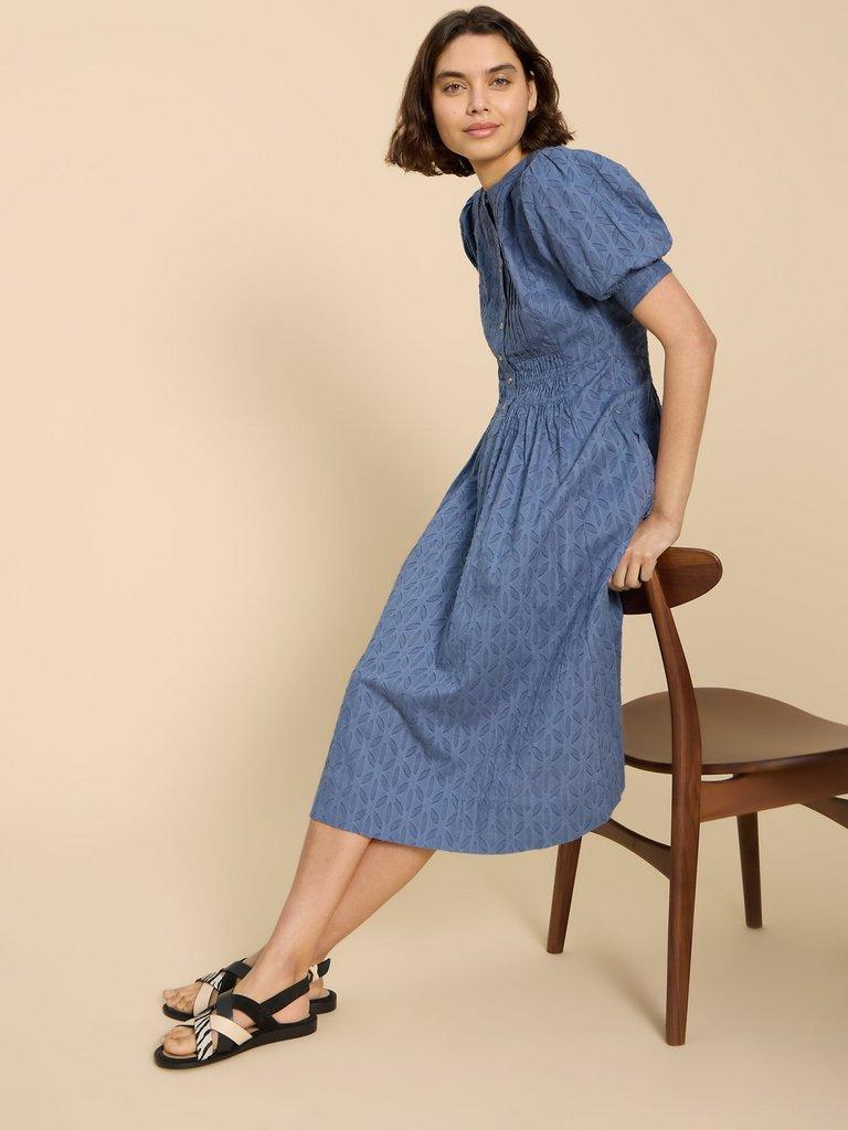 Celeste Short Sleeve Midi Dress in MID BLUE - MODEL FRONT