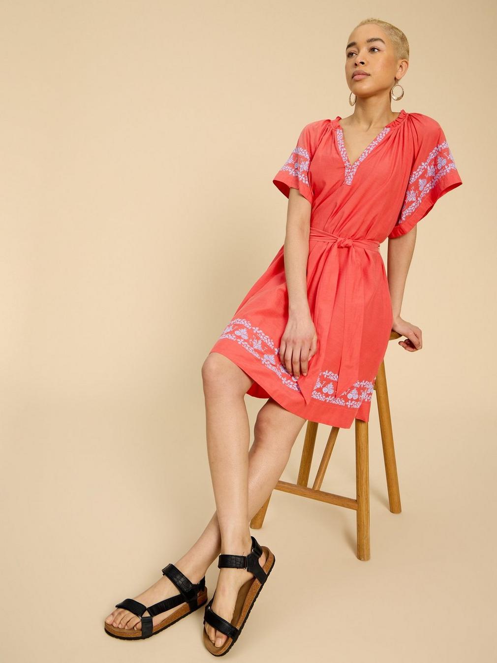 Anna Cotton Embroidered Dress in ORANGE MLT - MODEL DETAIL