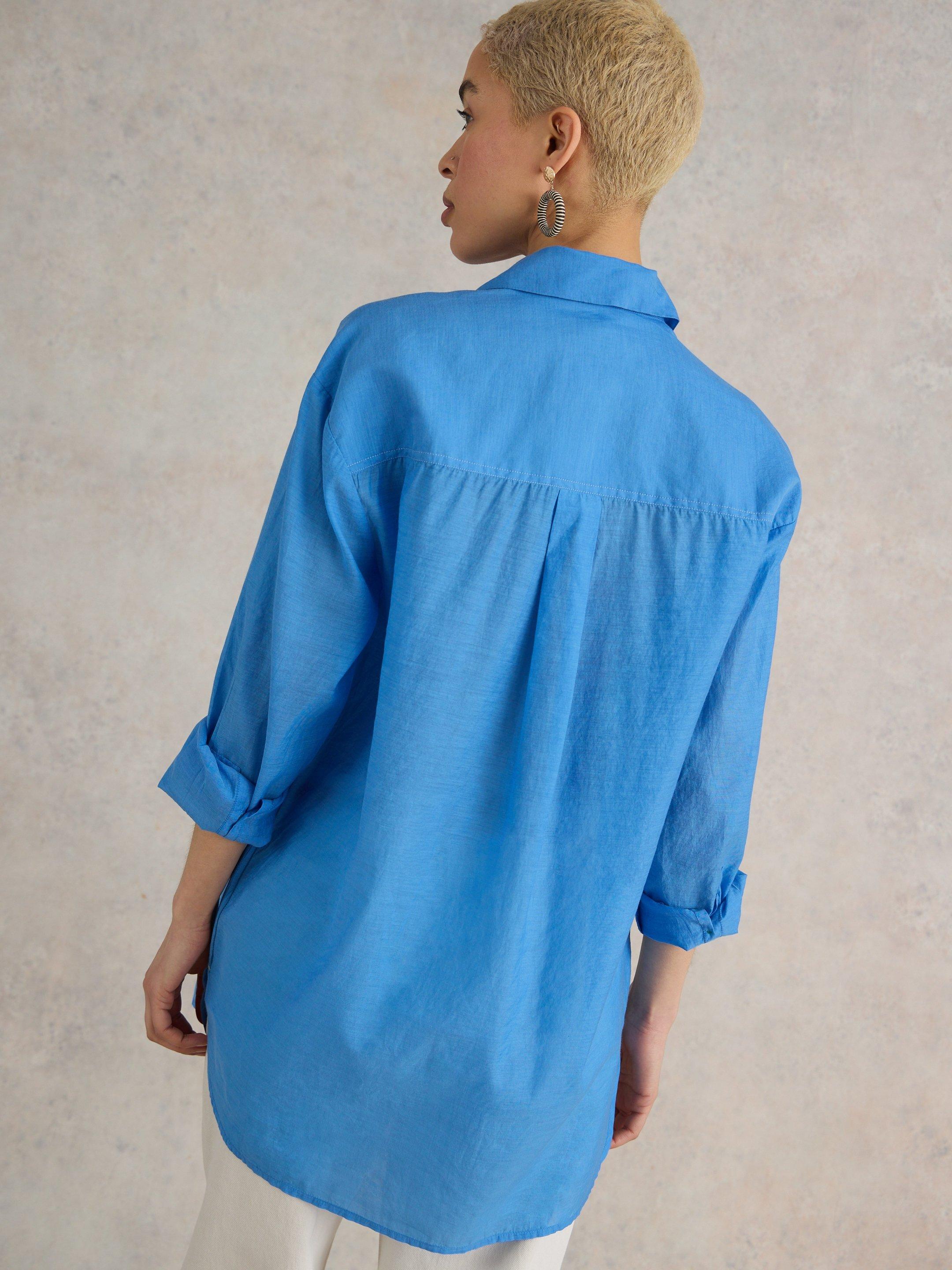 Delilah Cotton Silk Shirt in MID BLUE - MODEL BACK
