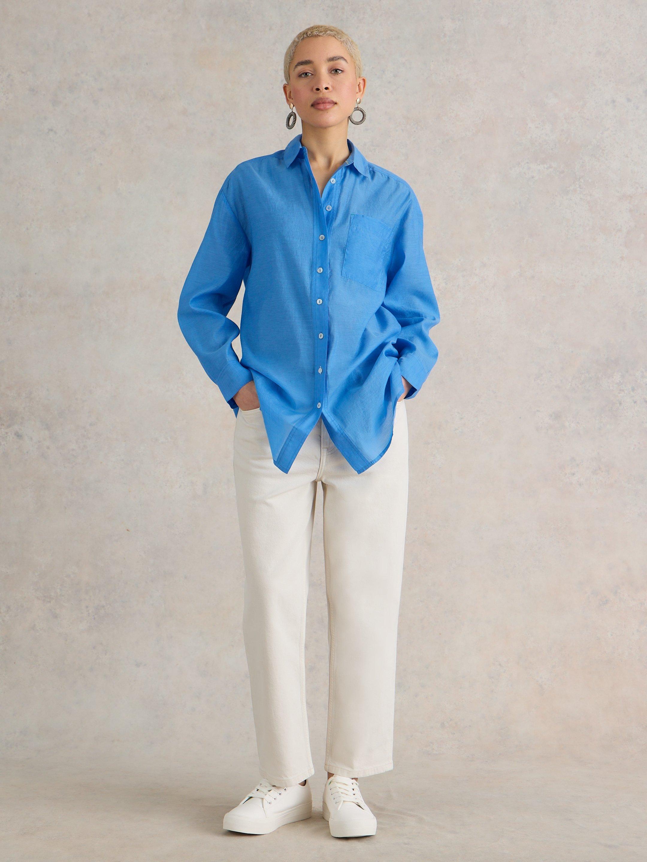 Delilah Cotton Silk Shirt in MID BLUE - MODEL DETAIL