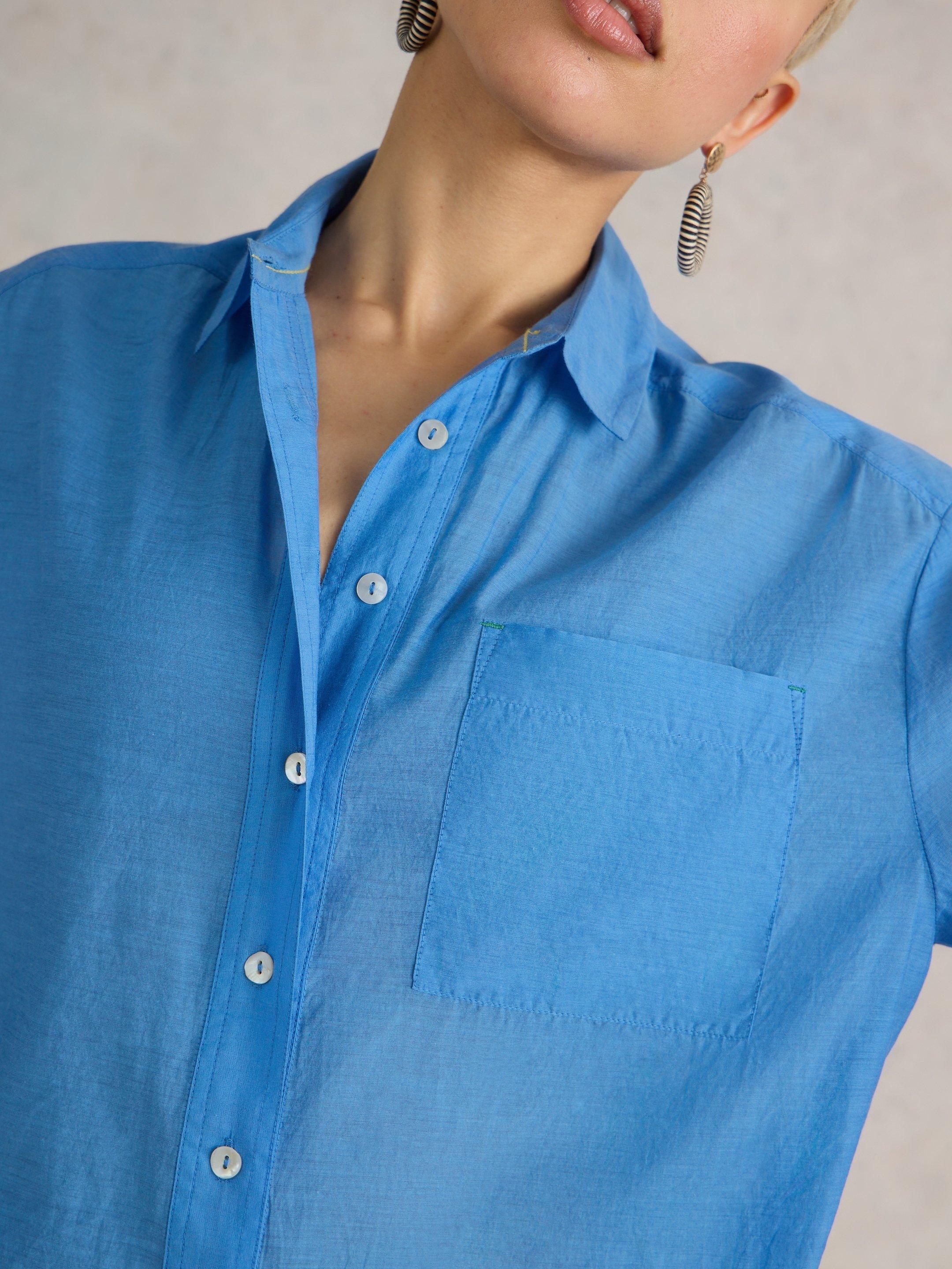 Delilah Cotton Silk Shirt in MID BLUE - MODEL FRONT