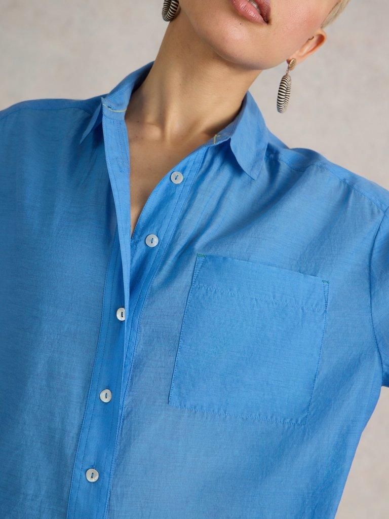 Delilah Cotton Silk Shirt in MID BLUE - MODEL FRONT
