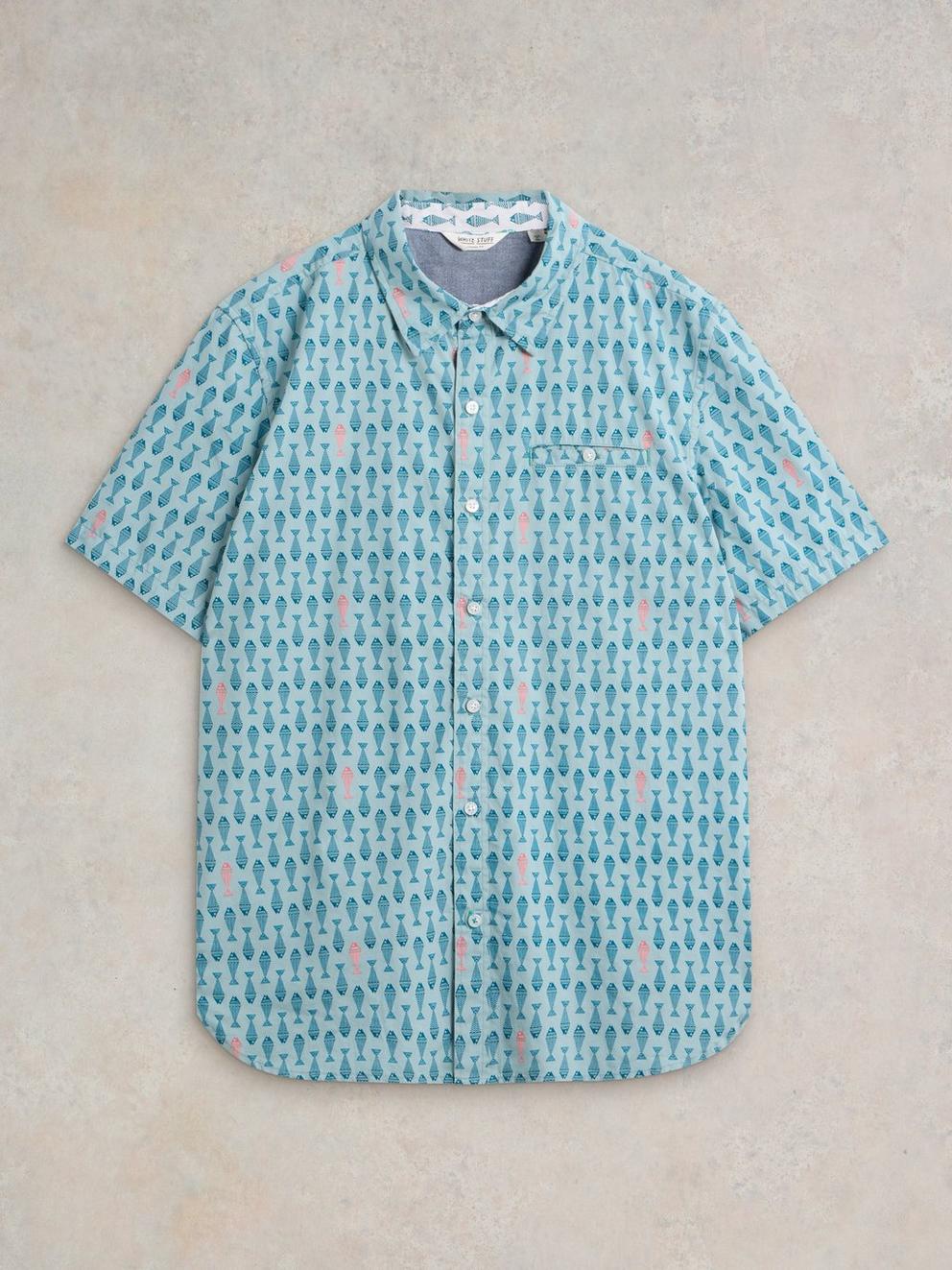 Geo Fish Printed SS Shirt in BLUE PR - FLAT FRONT