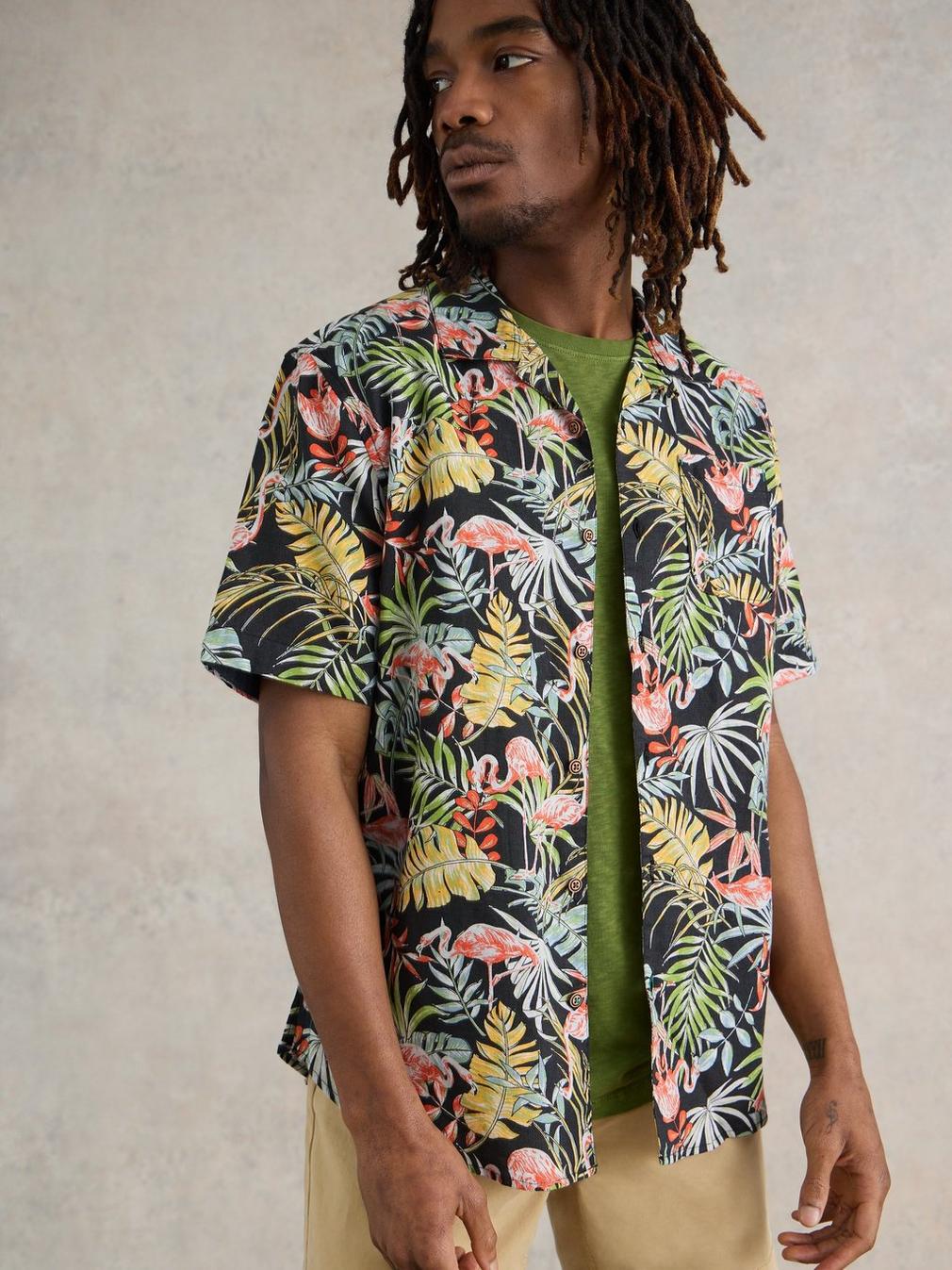 Flamingo Printed SS Shirt in BLK PR - MODEL FRONT