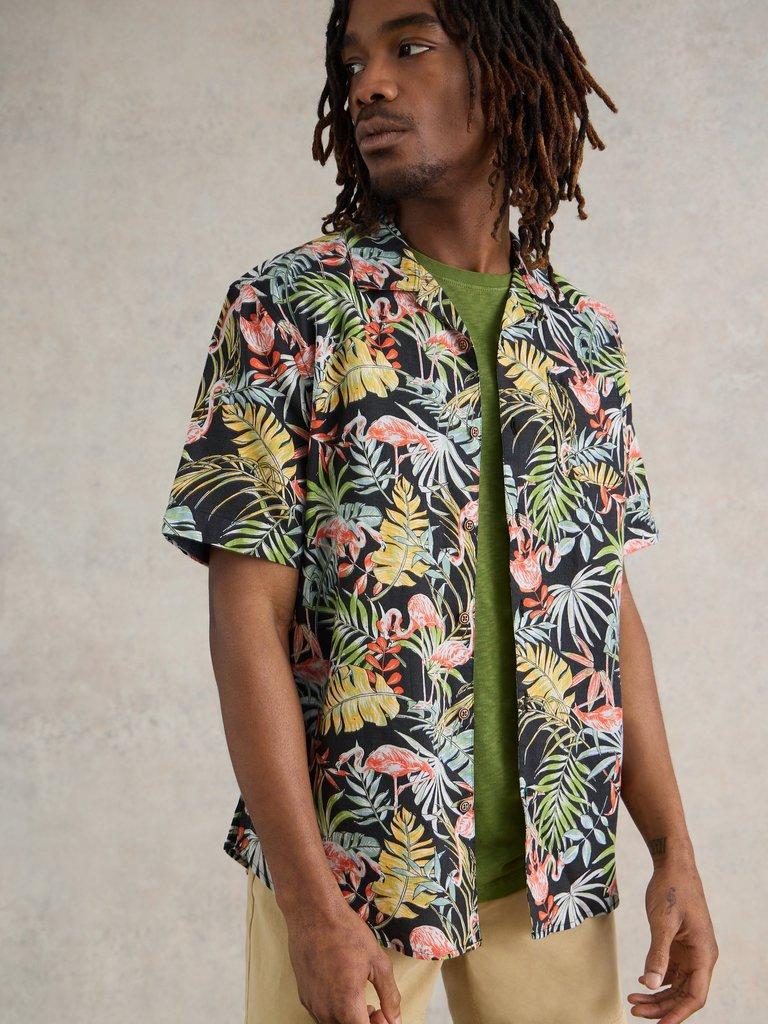 Flamingo Printed SS Shirt in BLK PR - MODEL FRONT