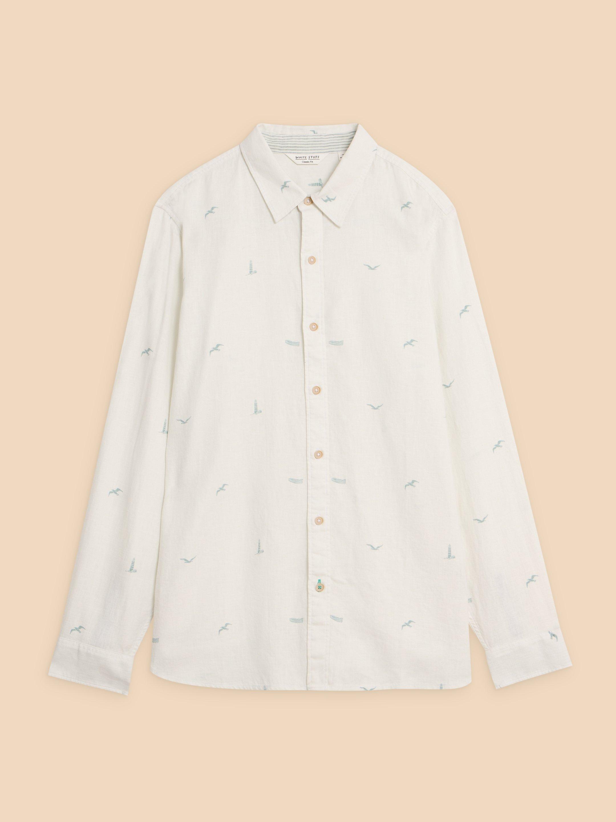 Lighthouse Print Linen Shirt in WHITE PR - FLAT FRONT