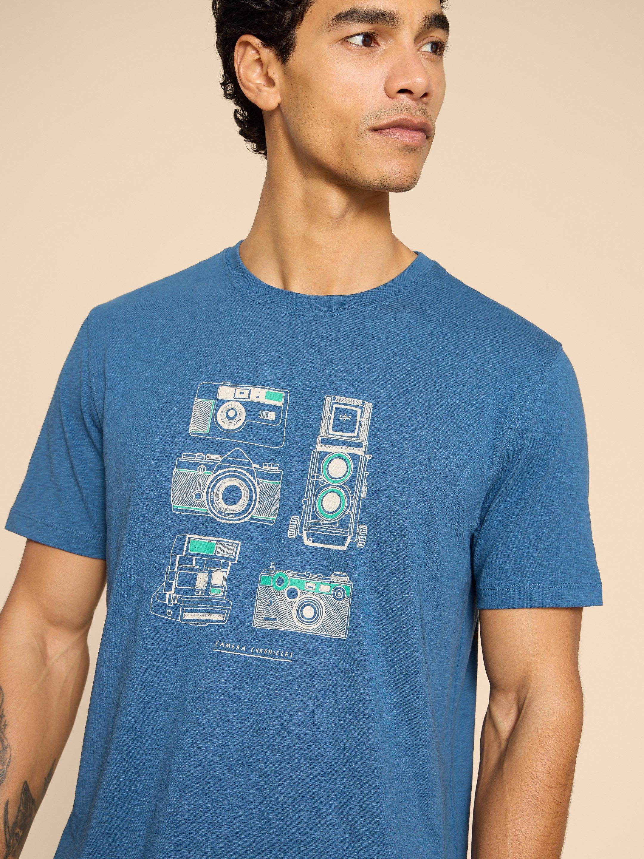 Camera Chronicles Graphic Tee in BLUE PR - MODEL DETAIL