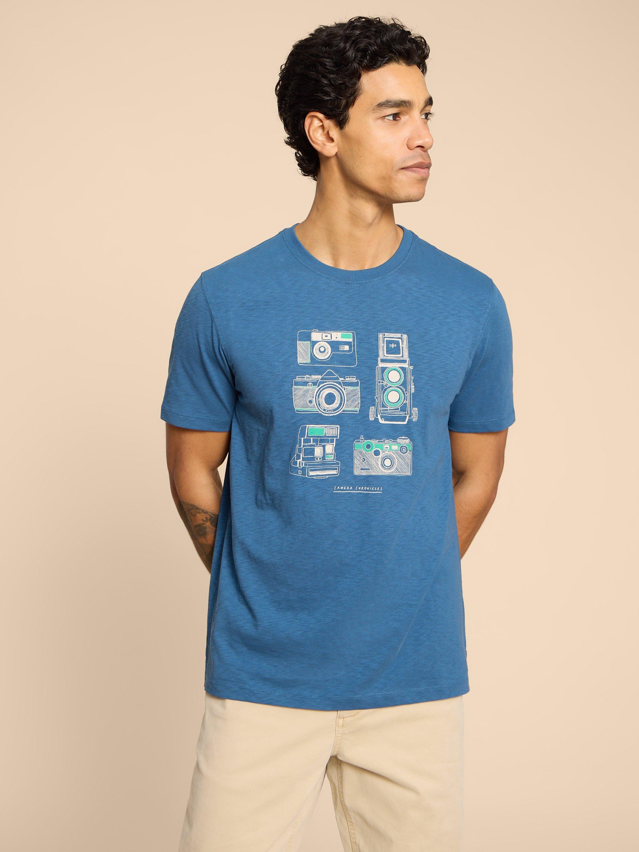 Camera Chronicles Graphic Tee in BLUE PR - MODEL FRONT