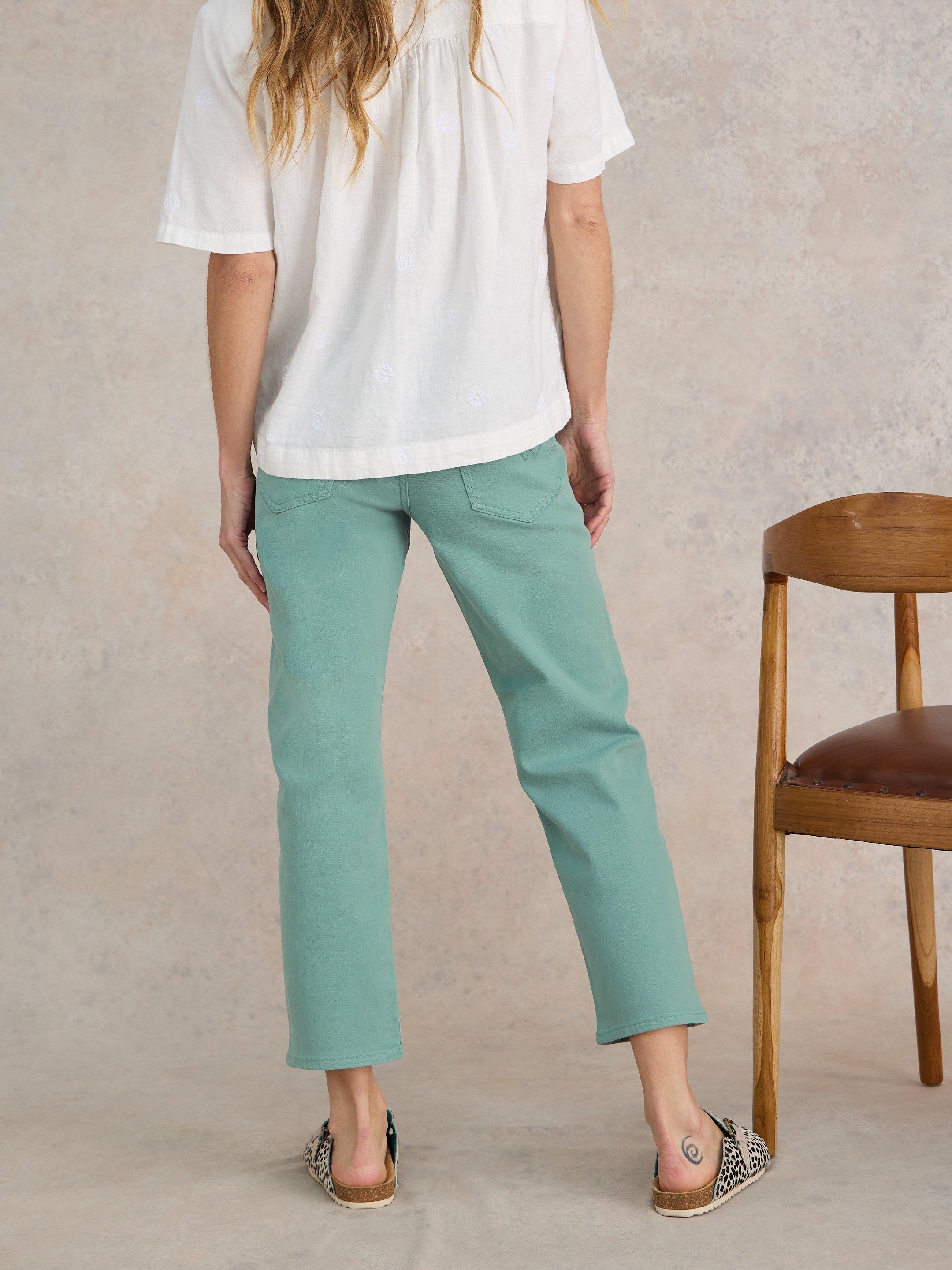 Blake Straight Cropped Jean in MID TEAL - MODEL BACK