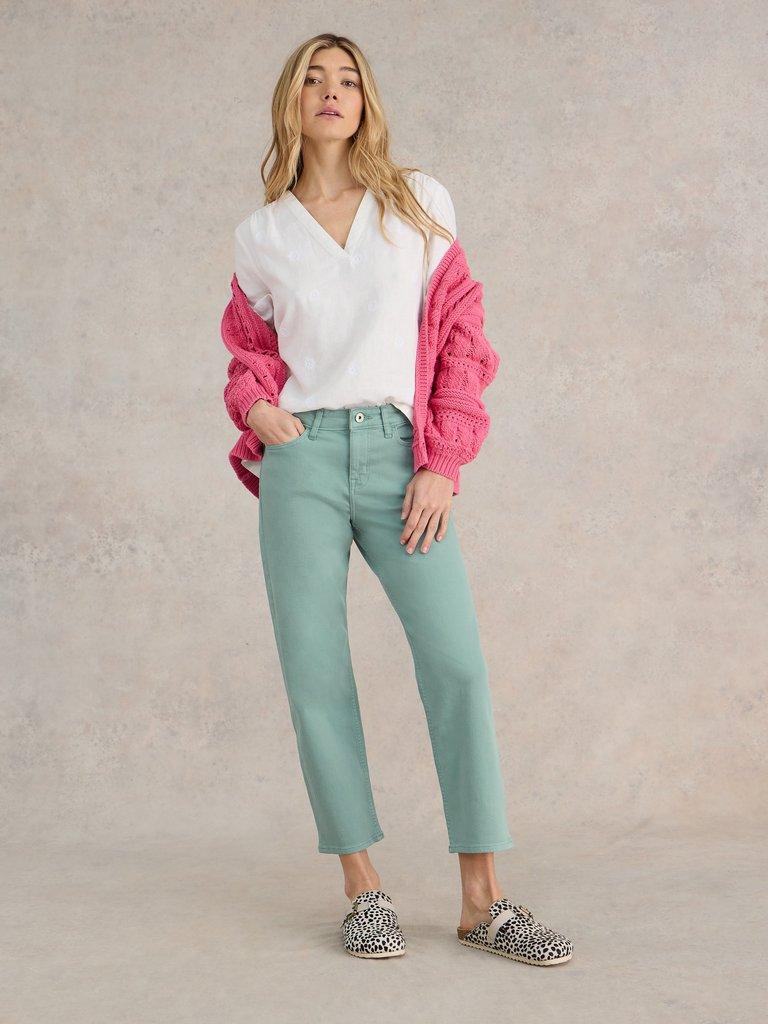 Blake Straight Cropped Jean in MID TEAL - MODEL FRONT