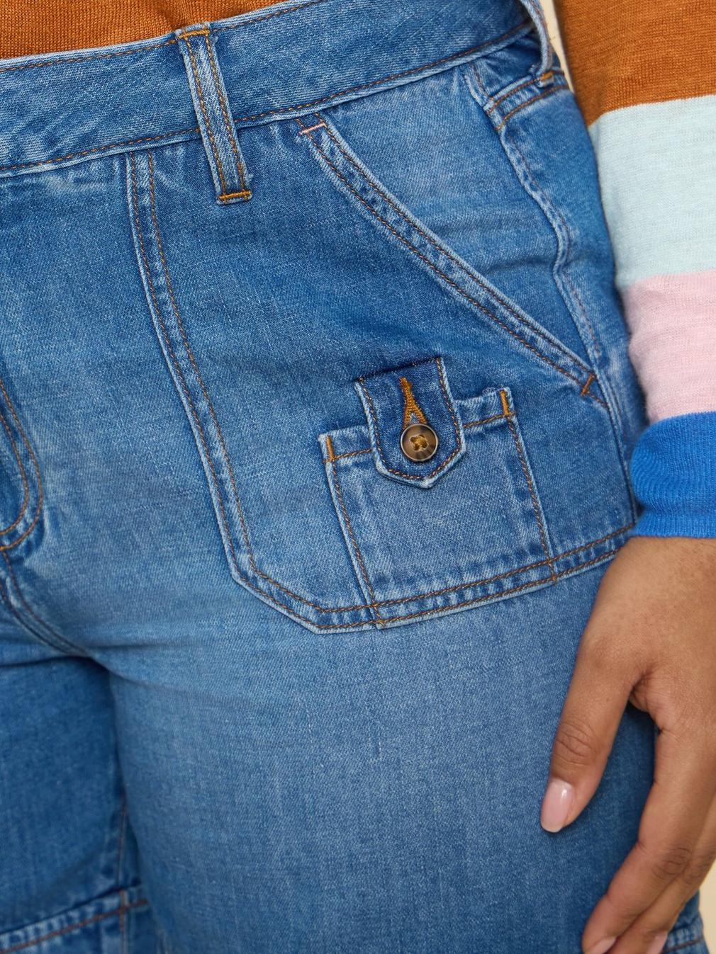 Mollie Combat Denim Shorts in MID DENIM - MODEL DETAIL