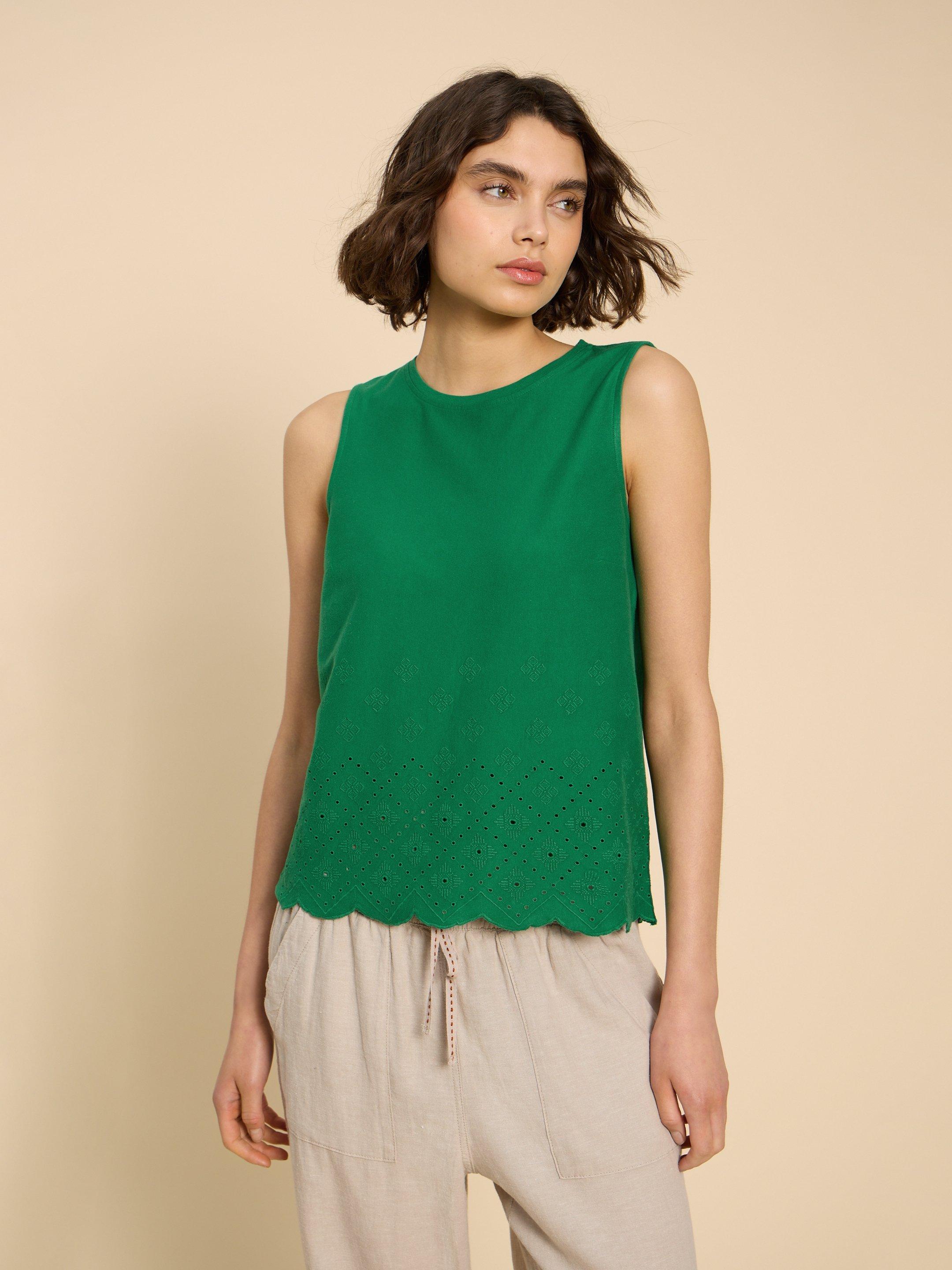 SILVIA CUT OUT VEST in BRT GREEN - MODEL FRONT