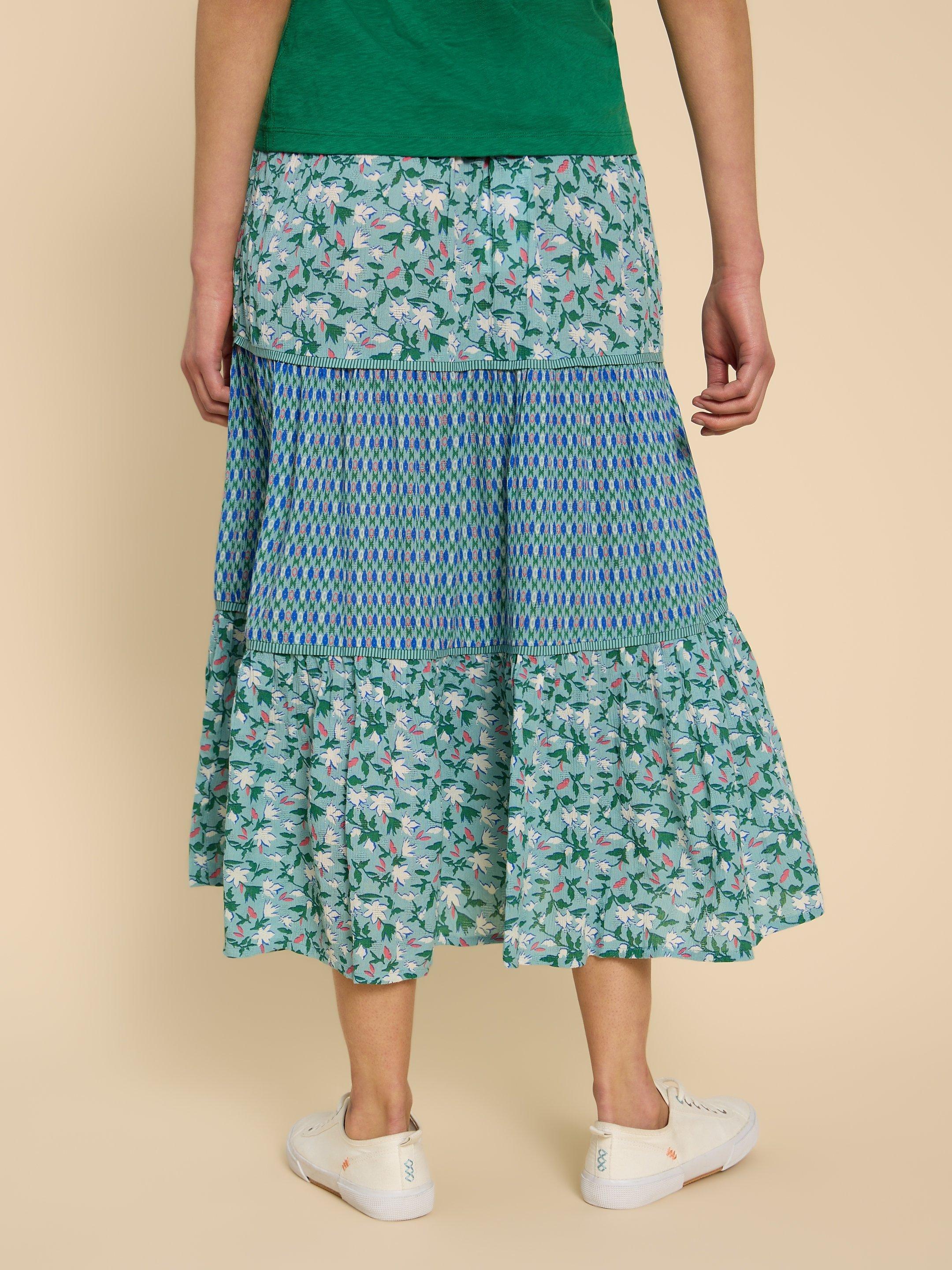 Mabel Mixed Print Skirt in TEAL PR - MODEL BACK